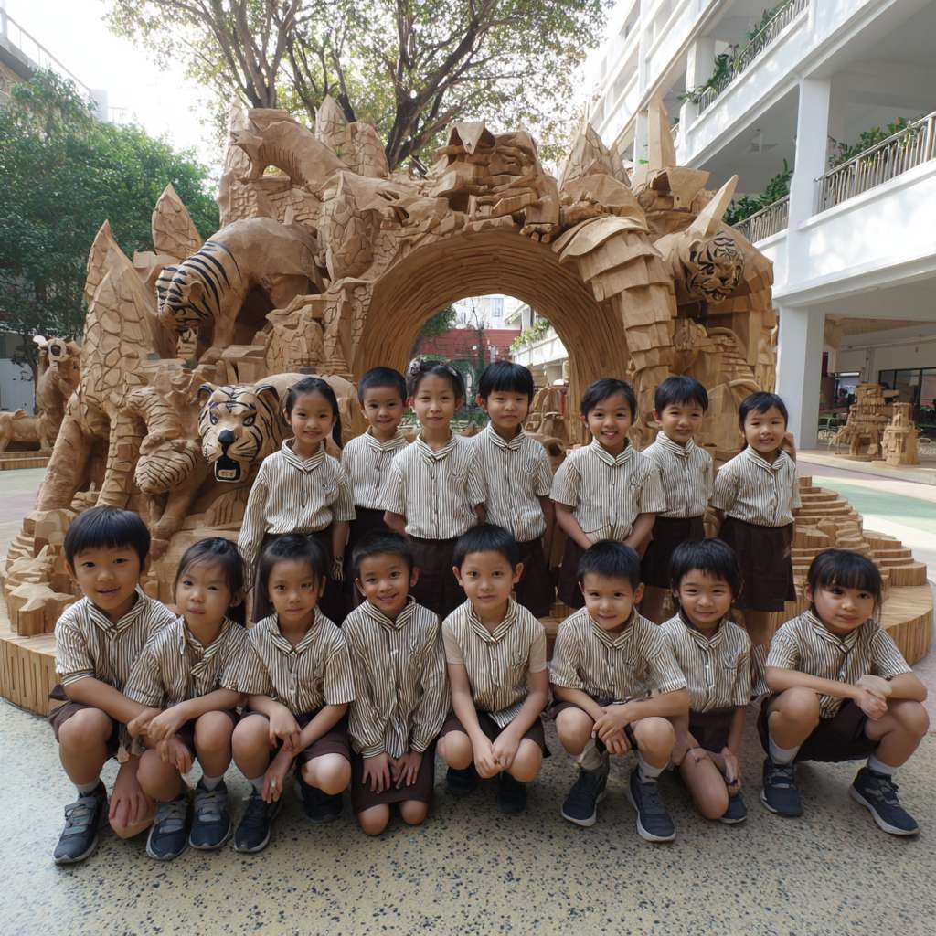 一班小六穿校服的學生們在校園裡圍成一個半圓形，以卡通的風格展示穿山甲、老虎、水獺、熊貓、飛鼠、龜等等的瀕危物種，讓學生們一起將積木併上瀕危動物圖案上 --ar 1:1 --v 7 --stylize 100 --fast --no 水印