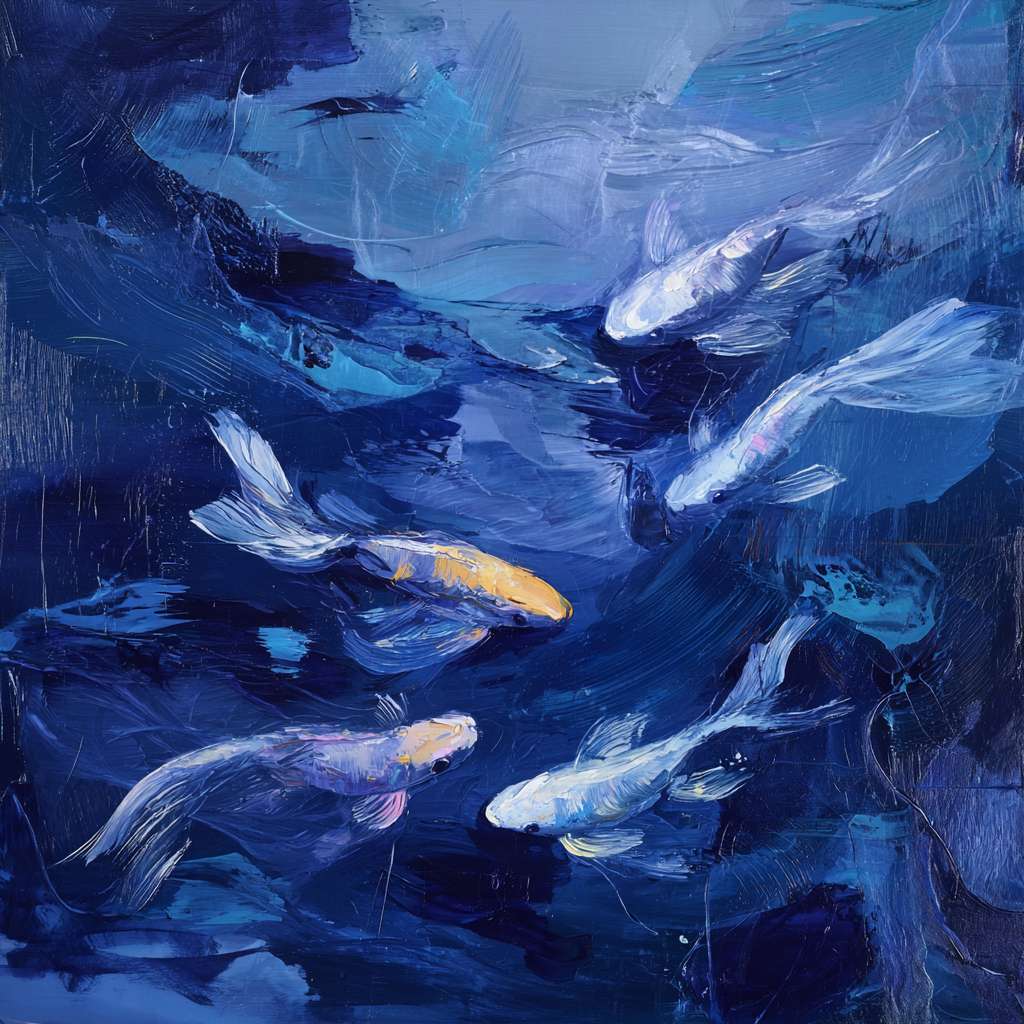 Dreamy depths in indigo blue, iridescent light and agile koi, expressive strokes for vitality, abstract. --ar 1:1 --v 7 --stylize 100 --fast
