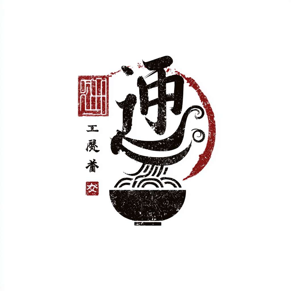 一个中国传统风格餐饮LOGO，核心图形是印章，印章内有艺术变形的“匠”字，字形结合了一只托举的手和飘逸的面条线条，印章边有古朴残破效果，印章内的图形文字都是黑色，背景干为纯白色，极简主义，高清，矢量 --ar 1:1 --v 7 --stylize 100 --fast --no 水印
