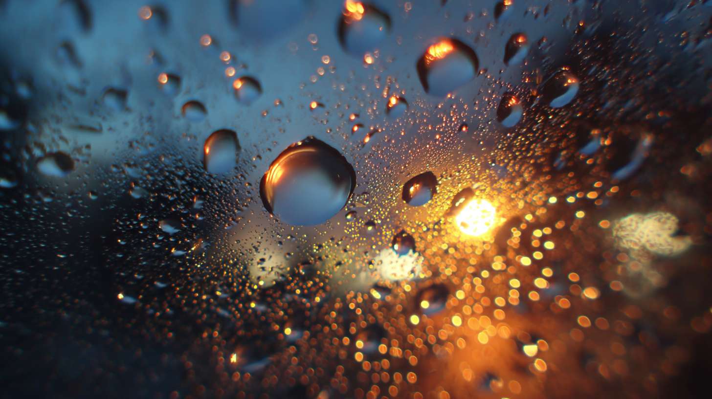 一颗雨滴的特写，雨滴上面反着光，光是屏幕的画面 --ar 16:9 --v 7 --stylize 100 --fast --no 水印