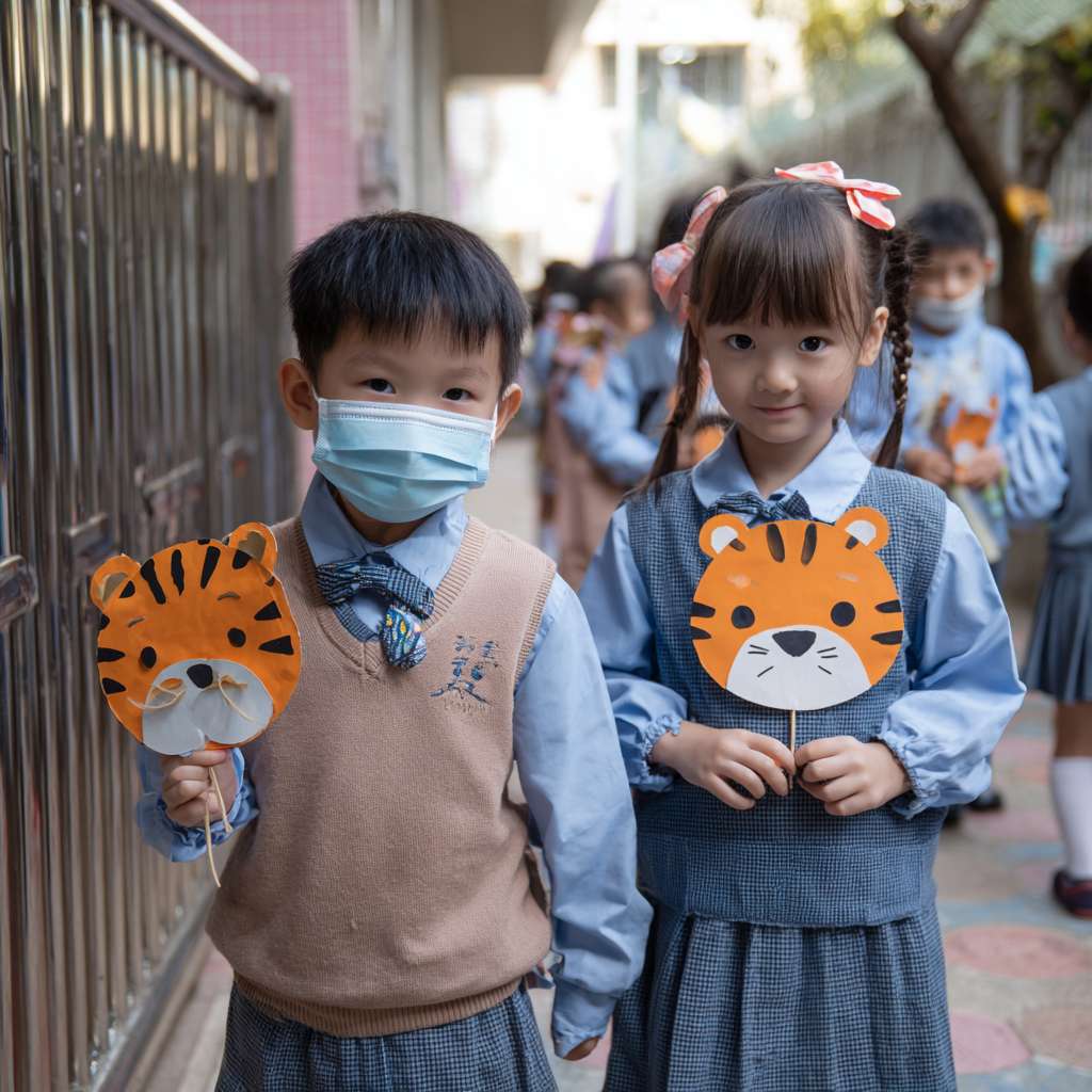 兩位小六穿校服的學生們在校園裡拿著一個以老虎及熊貓為主題的紙手工 --ar 1:1 --v 7 --stylize 100 --fast --no 水印