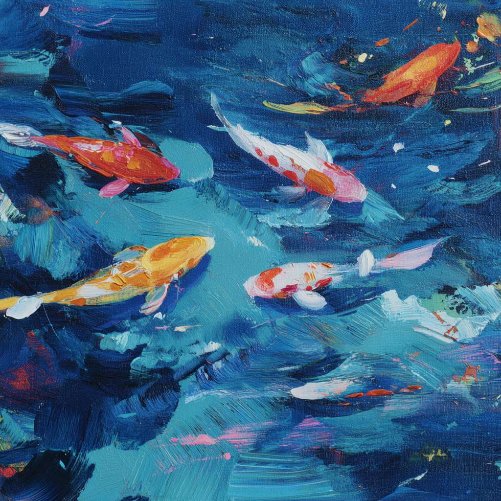 Dreamy blue depths with iridescent patterns and vivid koi, expressive strokes for motion and light, abstract. --ar 1:1 --v 7 --stylize 100 --fast
