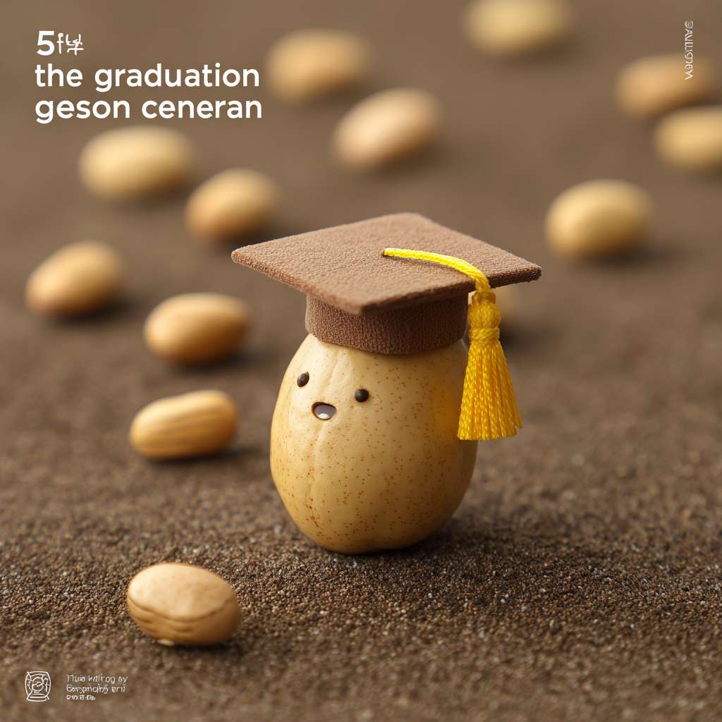 我需要设计一个KV主题，是一个幼儿园毕业典礼的海报，主题是“The fifth season graduation ceremony"。画面的主角是一个金色的种子（豆子）带着毕业帽，金色的种子是卡通形象有眼睛鼻子嘴（儿童卡通）。 --ar 1:1 --v 7 --stylize 100 --fast --no 水印