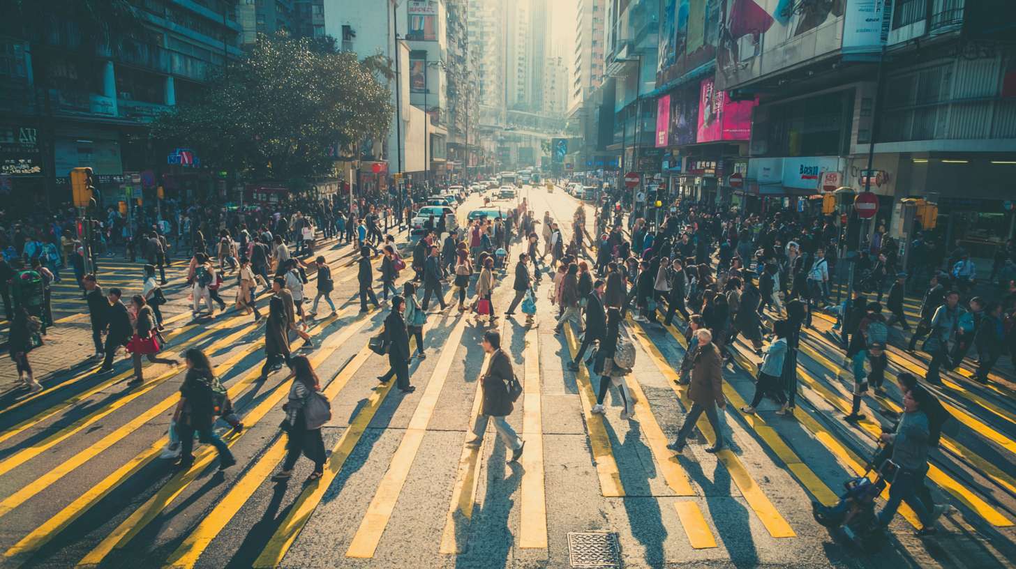 一个繁忙的城市十字路口,许多人正在穿越斑马线,人们的种族和服装各异,有的穿着商务装,有的穿着休闲服,有的背着书包,有的推着婴儿车,人们的行动各不相同,有的正在快速走过马路,有的正在慢慢走,有的正在等待绿灯。路口周围有高楼大厦,路面干净整洁,斑马线清晰可见,天空晴朗,阳光明媚,整个场景显得热闹而有序。画面采用俯视镜头,从高处俯瞰整个路口,人们分布在画面的各个部分,路口的中心是斑马线,周围是行人和车辆,画面风格为现实主义,色彩鲜明,整体氛围活跃。 --ar 16:9 --v 7 --stylize 100 --fast --no 水印