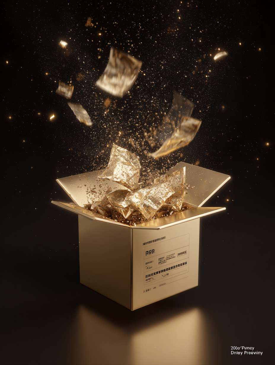 "3D立体金色礼盒爆炸效果，飞出纸质文档：'银行预约链接''代理价目表''避坑指南'，背景星光闪烁，底部大字'私信领取'，ins风柔光" --ar 3:4 --v 7 --stylize 100 --fast --no 水印