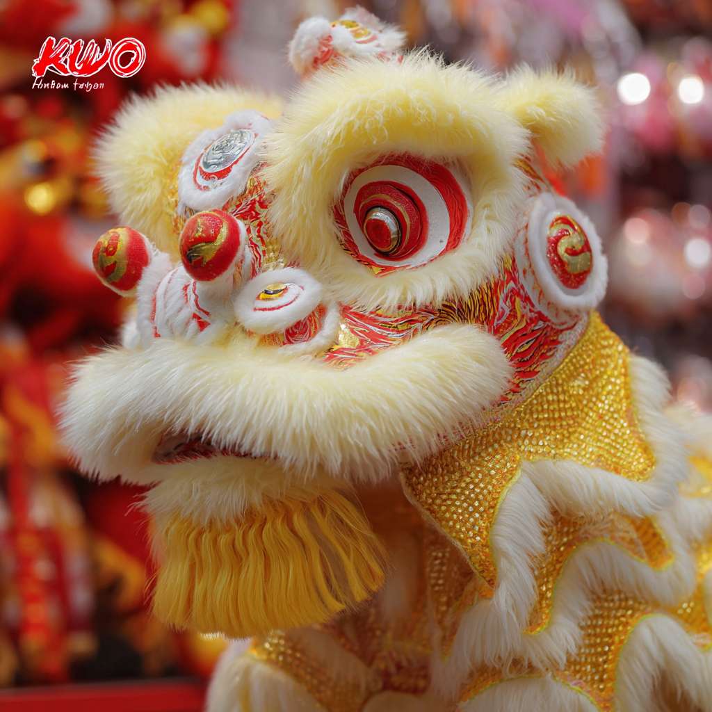 一只传统威严的中国南派醒狮，刘备狮，黄脸，白眉，白长须，头顶一个醒目的红色竹笋状独角，独角底部绘有金钱纹。后脑绘有三个金色铜钱图案。狮头底色为明黄色，饰有华丽的红色和金色传统祥云、龙凤纹样。额头有“如意”纹，眼睛大而有神，表情沉稳仁义，王者风范。狮头色彩鲜艳，手工精细，背景是喜庆的红色或武术馆场景。 --ar 1:1 --v 7 --stylize 100 --fast --no 水印