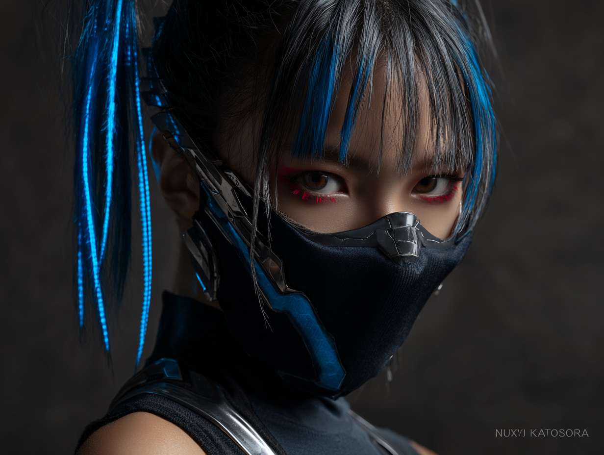 头部设计：保留哪吒标志性的 “火焰感” 发型，黑色短发中挑染三缕明亮的蓝色火焰发丝（对应觉醒后的蓝色火焰），额前发丝微微上翘，模拟火焰飘动形态。左侧太阳穴处有一道银色机械接口，平时隐藏在发丝下，战斗时会弹出蓝色能量纹路，延伸至下颌。面部妆容简洁，仅在眼尾处用红色颜料绘制细小火焰图腾（呼应父亲遗留的摩托火焰图案），眼神锐利，瞳孔在情绪激动时会泛出淡蓝色微光。
    上身设计：内搭黑色紧身速干衣，衣料上印有暗纹火焰图案（仅在强光下可见）。外覆银色分段式机械战甲，肩部装甲呈三角形，边缘有锯齿状设计（兼具防御与近战功能），装甲表面刻有红色古代符文（对应哪吒的 “混天绫” 元素，符文可释放能量束束缚敌人）。胸口是圆形能量核心，外层包裹透明合金罩，内部蓝色火焰状能量随呼吸起伏，核心下方印有 “云祥” 二字（手写体，体现自我身份认同）。双臂为可变形机械臂，平时收缩为黑色皮质护臂形态（印有赛车涂鸦），战斗时展开为银色机械结构，手掌心有凹槽，可凝聚火焰能量。
    下身设计：穿着黑色工装裤，裤腿侧边有拉链口袋（用于放置机械零件与应急工具），膝盖处装有黑色防撞护膝，护膝表面有蓝色电路纹路。腰部系着宽版黑色皮带，左侧挂着父亲遗留的摩托钥匙（金属材质，钥匙链是小型火焰吊坠），右侧挂着战术匕首（刀柄缠绕红色皮质绳，模拟混天绫质感）。脚部为黑色高帮机械战靴，靴底有防滑纹路，鞋跟处装有小型推进装置（战斗时可辅助跳跃），靴筒外侧印有蓝色火焰标识。 --ar 4:3 --v 7 --stylize 100 --fast --no 水印