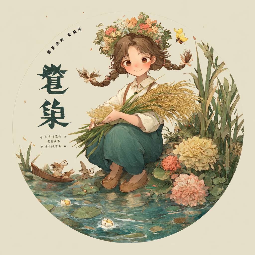 海报主题： 一张芒种的海报
标题： 正标用木刻版画风格字“芒种·忙种”，副标“青梅煮酒听夏长”
视觉主体： 圆形构图内戴花环的少女手捧麦束送花神，脚下河流飘着花瓣小船。外圈环绕芒种三候：螳螂生、鵙始鸣、反舌无声的卡通化神兽。
排版方式： 标题位于海报上方居中的位置
其他参数： 模型：图片3.0    比例：9:16 --ar 1:1 --v 7 --stylize 100 --fast --no 水印