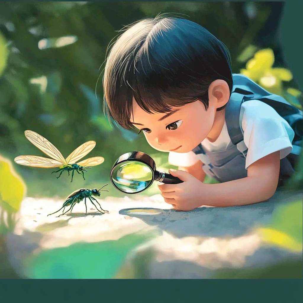 https://img-xpc-mj0.xpccdn.com/prod/upload/cbacef4c-c071-4336-90b9-fef2c8f91fbb/%E5%B0%8F%E5%A5%B3%E5%AD%A9%E8%A7%80%E5%AF%9F%E6%98%86%E8%9F%B2.jpg~tplv-5yakomv5zn-auto-v1%3A1024%3A0%3Aq75.jpg 請給我一張小學生使用放大鏡觀察小昆蟲的吉卜力風格的卡通圖 --ar 1:1 --v 6.1 --stylize 100 --fast --iw 1
