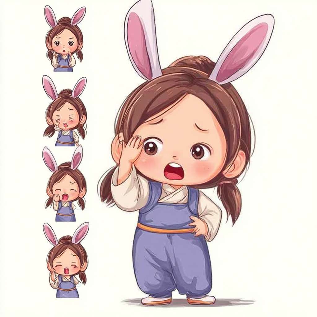 https://img-xpc-mj0.xpccdn.com/prod/upload/4f8c1a98-a9f2-40d1-817c-e20e242e3fec/WechatIMG4967.jpg~tplv-5yakomv5zn-auto-v1%3A1024%3A0%3Aq75.jpg 穿着汉服的小女孩，两只兔子耳朵，古典精致，全身图，9种姿势和表情，打招呼，谢谢，睡觉，离开，抱抱，可爱，伤心，大笑，失望，害羞，困倦，吃饭，头晕，表达爱意等，卡通动漫风格，九宫格，一个网格一个表情，不显示网格线 --ar 1:1 --v 7 --stylize 100 --fast --iw 1 --no 水印