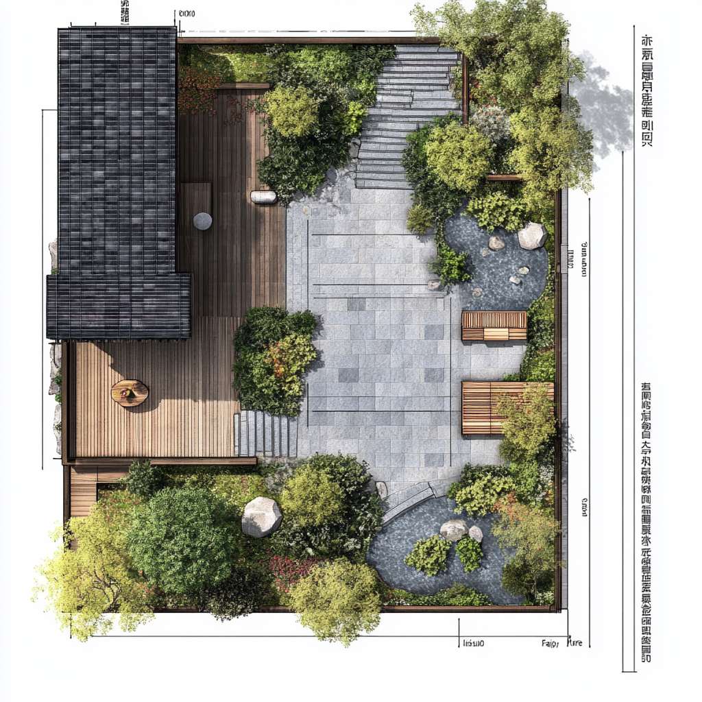请根据以下描述生成一个建筑平面图。一、庭院功能分区与动线规划
1. 前院(迎宾景观区)
尺寸:4m×8m(靠近主入口)
核心元素:
中式门廊:悬挑1.5m宽灰瓦檐廊,地面铺青石板,设木质长凳供休憩。
曲径通幽:鹅卵石拼花小径(宽0.8m)蜿蜒至入口,两侧种植修水本地毛竹、蕨类。
水景点睛:利用小溪活水引入小型叠水景(宽1m×长2m),配石磨盘流水装置。
2. 侧院(实用功能区)
功能复合:
农具收纳:竹篱笆围合2m×3m工具间,顶部攀缘凌霄花遮阳。
晾晒区:防腐木平台(3m×3m),配可收放晾衣绳。
3. 后院(私密休闲区)
设计要点:
亲水平台:防腐木搭建挑台(4m×3m)延伸至溪边,设固定藤编桌椅。
生态菜园:阶梯式种植箱(1.2m高,方便老人操作),种植辣椒、薄荷等易打理作物。
夜景观赏:沿溪悬挂竹编灯笼,安装太阳能草坪灯(色温2700K暖光)。
二、中式美学细节设计
元素 实现方式 成本控制技巧
围墙 1.2m高青砖基座+上部竹格栅(间距15cm) 基座用本地红砖刷青灰漆,节省30%成本
地面铺装 60%青石板(主径)+30%砾石(排水带)+10%防腐木(平台) 砾石层下铺土工布防杂草
植物搭配 上层:桂花(香氛)+ 红枫(秋色)
中层:南天竹+芭蕉
下层:麦冬+矾根 选择2-3年生苗木,本地采购降低运费
小品装饰 旧石槽改荷花池、陶罐组合盆景、仿古拴马石 利用老物件再造景,文化感强且低成本
三、气候适应性设计
防潮排水
地面整体坡度3%向小溪方向倾斜,砾石排水沟沿建筑周边设置。
亲水平台底部架空10cm,采用菠萝格防腐木(耐湿性优于杉木)。
夏季遮阳
廊架顶部覆盖50%透光率的竹编遮阳板,搭配紫藤、葡萄等攀缘植物。
东西侧种植常绿女贞树篱(高2.5m),阻挡午后西晒。
冬季防风
北侧用木槿+珊瑚树混植绿篱(密度0.8m/株),降低冷风侵袭。
休息区设可拆卸透明防风帘(亚克力板+木框),冬季临时加装。
四、适老化安全设计
无障碍通行:所有通道宽度≥1m,无台阶设计,门槛高差<1cm。
防滑处理:青石板表面做荔枝面处理(摩擦系数≥0.6),木平台加防滑凹槽。
应急便利:
休憩区每10m设一键呼叫按钮(直连老人房报警器)。
夜间路径灯带嵌入地面(照度50-100lux),自动感应启动。
五、成本优化方案(预算3-5万元)
项目 推荐做法 单价参考
硬质铺装 本地青石板(60元/㎡)+ 砾石(30元/㎡) 1.2万元(约200㎡)
木作 菠萝格防腐木平台(350元/㎡) 1.5万元(40㎡)
绿化 本地苗木+自播草花 0.8万元(含土壤改良)
水景 小型循环水泵+旧石槽改造 0.3万元
照明 太阳能庭院灯+LED灯带 0.4万元
六、四季景观搭配建议
季节 观赏焦点 植物选择
春 入口紫藤花廊 紫藤、杜鹃、迎春
夏 荷池与芭蕉听雨 荷花、芭蕉、茉莉
秋 红枫与桂花香径 红枫、桂花、菊花
冬 竹石景观与常绿树 毛竹、南天竹、茶梅
七、施工注意事项
管线预埋:庭院照明线路穿PVC管埋深≥40cm,预留智能灌溉接口。
植被养护:芭蕉、竹子等根系发达植物需距建筑基础≥2m。
生态保护:溪边保留1m原生植被缓冲带,防止水土流失。
效果示意:
日景:白墙黛瓦掩映竹影,青石小径蜿蜒至溪边,木平台上老人闲坐品茶。
夜景:竹灯笼暖光映照水面,麦冬草间的萤火虫灯星星点点,宛如水墨画卷。
通过功能复合、在地材料利用和精细化适老设计,可在有限预算内实现“观景、务农、休闲”三合一的舒适庭院。 --ar 1:1 --v 6.1 --stylize 100 --fast