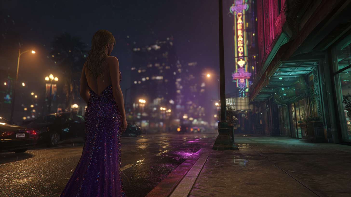 现代3D动画风格，在洛杉矶街道上的灯柱上，当时那里正下着毛毛雨。霓虹灯在潮湿的柏油路上反射出一种迷幻的景象，一个金发女人穿着华丽的紫色长裙站在前方不远处正对着镜头 --ar 16:9 --v 7 --stylize 100 --fast --no 水印