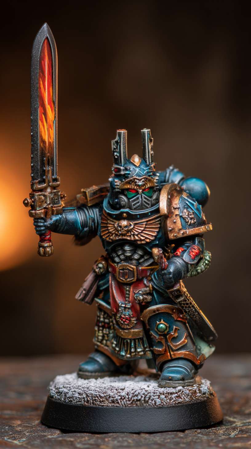 Rogue Trader，战锤40k，午夜领主星际战士，手持焰形大剑 --ar 9:16 --v 7 --stylize 100 --fast --no 水印