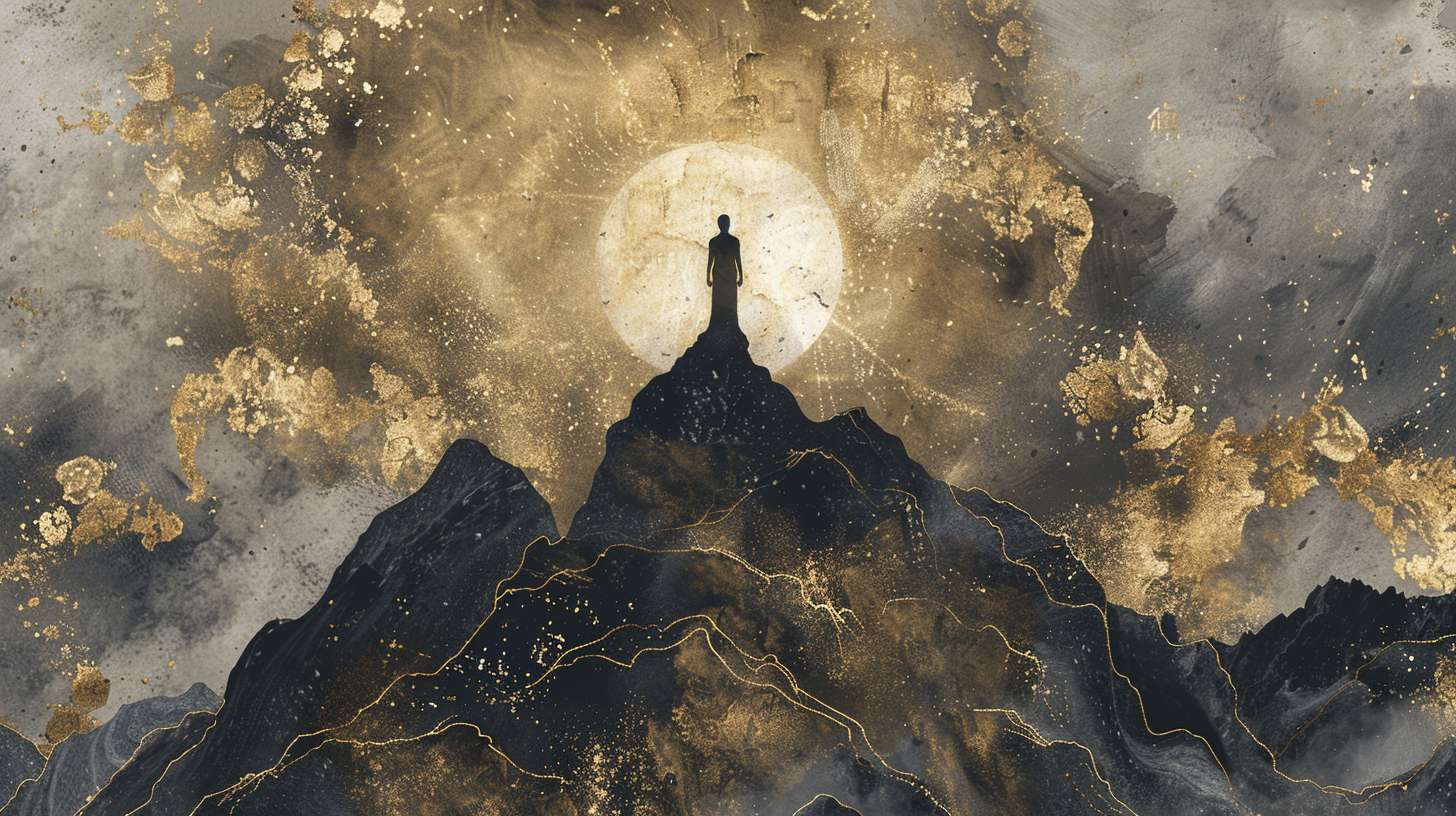 A lone figure standing on mountain peak facing cosmic sky, ink wash style with gold leaf accents, Taoist immortals aesthetic, no text, ethereal lighting --ar 16:9 --v 6 --stylize 100 --fast
