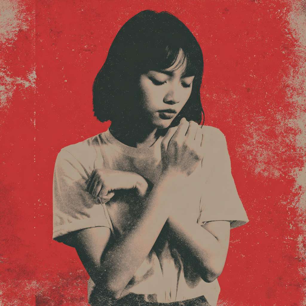 A picture of an Asian person peacefully slapping their cubital fossa --ar 1:1 --v 7 --stylize 100 --fast