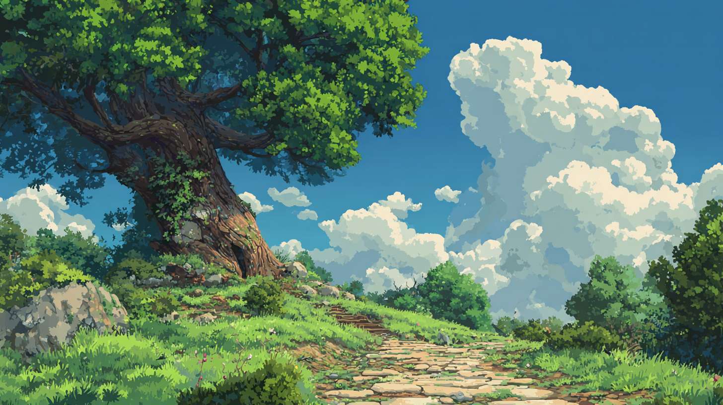 小区内的绿荫，有一颗大树动画片风格 --ar 16:9 --v 7 --stylize 100 --fast --no 水印