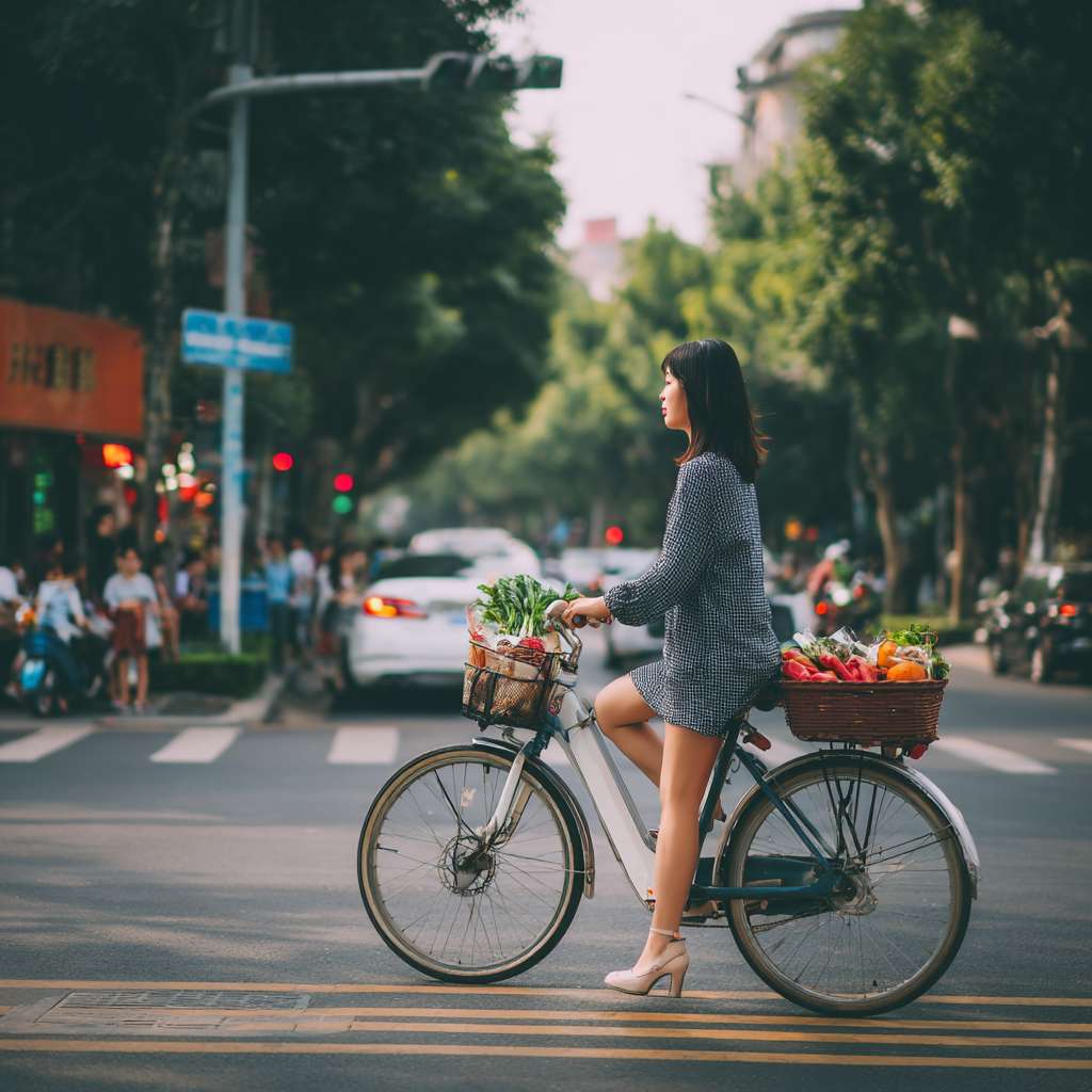 市普通的红绿灯十字路口，正在等绿灯，路口人很少，只有斜对面路口几个少年，有男孩有女孩，对面路口还有辆白色的车，看不起里面司机，到路两旁绿化树挺高叶子挺密，金秋十月，一位骑着电动车一只脚在踏板上，一只脚在地上，停车等绿灯，身穿连衣开叉中短裙，薄薄的肉色丝长袜，紧身庄重得体，脚穿白色高跟高跟鞋的 33 岁的女士，电动车前筐放着刚买的蔬菜，，一只手扶着把，一只手准备做摘头盔的动作，面朝拍摄角度微笑从脚和腿的低角度视角看到全部场景，女性全身入镜，不是局部，全景图能看到周边的绿化和店面，远处的路口和车辆 --ar 1:1 --v 7 --stylize 100 --fast --no 水印