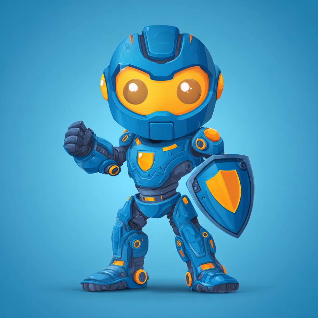 [安全侠]：blue robot with shield chest, glowing safety helmet, friendly superhero pose, clean vector art --ar 1:1 --v 7 --stylize 100 --fast --no 水印