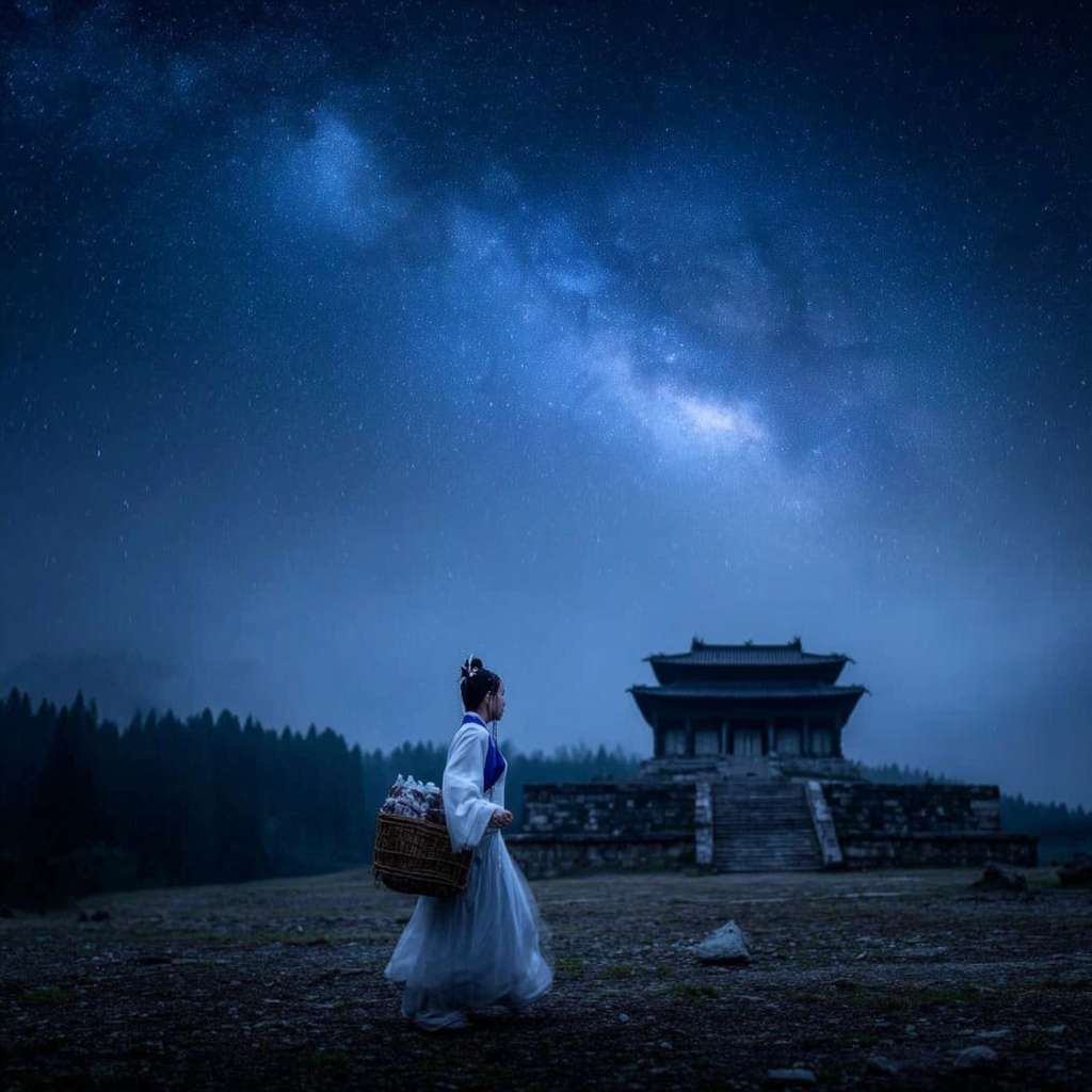 参考图中构图，在深夜的深山里面，月光照亮着地面，一个穿着白色衣服的书生，簪子盘着头发，背着书箱，外面下着雨比较阴暗，前面有点远的地方是一个破败的寺庙，背面，远景镜头，写实风格 --ar 1:1 --v 7 --stylize 100 --fast --sref https://img-xpc-mj0.xpccdn.com/prod/txt2img/a18f0080-5f89-4bcb-8bde-78c3b4ebdf67/65761f06-7ade-41a6-83ab-1de7eea720d7_0_0.png~tplv-5yakomv5zn-auto-v1%3A1024%3A0%3Aq75.jpg --sw 910 --no 水印