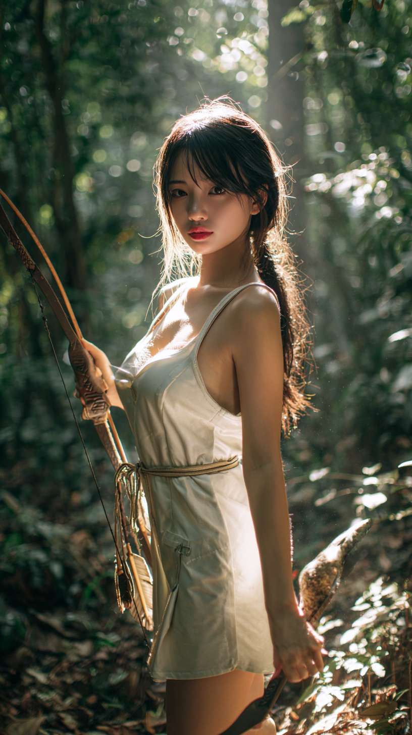 亚洲美少女身穿无袖连体紧身短皮装，皮肤白皙，及腰长发随风飘扬，手持弯弓，在热带雨林，飞行的龙鸟，阳光从树叶的缝隙中射到地面。 --ar 9:16 --v 7 --stylize 100 --fast --no 水印