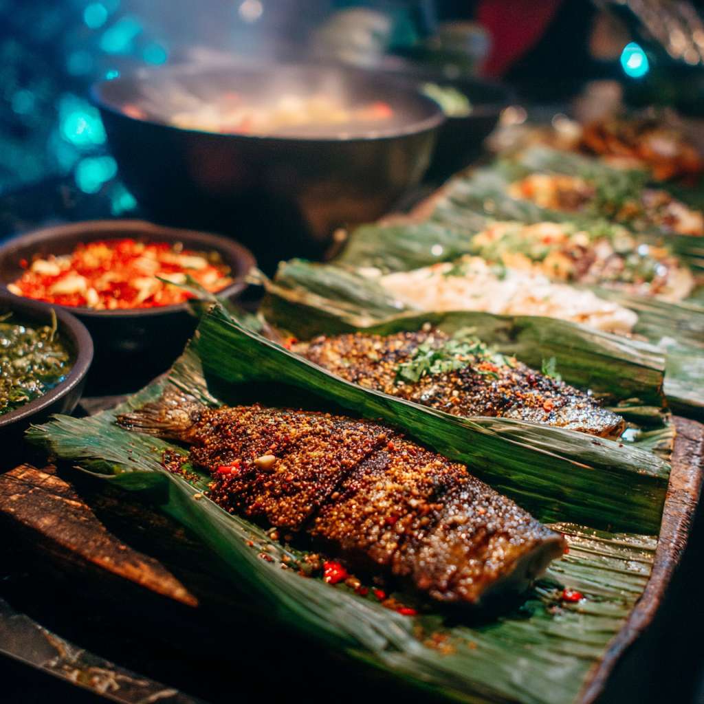 芭蕉叶烤鱼，打开热气腾腾的芭蕉叶，看见一条包裹着作料的鱼冒着热气，滋啦滋啦的声音下，看到若隐若现的雪白的鱼肉，看上去就非常有食欲，旁边还摆放着版纳特制口味的蘸料，隔着屏幕都溢出了鱼肉鲜甜 --ar 1:1 --v 7 --stylize 100 --fast --no 水印