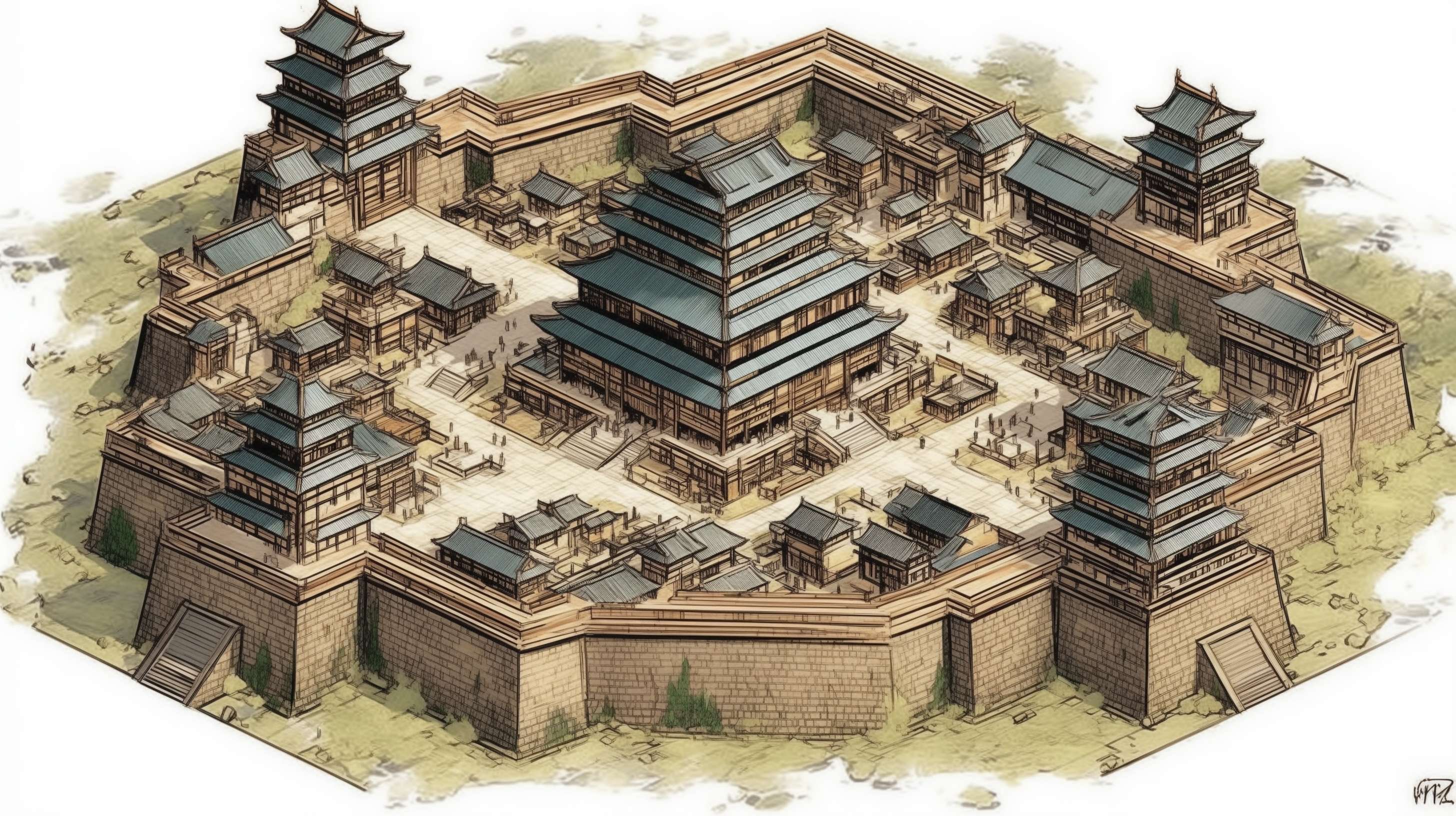 https://img-xpc-mj0.xpccdn.com/prod/upload/96cbffc6-24ac-4423-802b-dd0714e070f6/btn_CountryWar_Build_da.png~tplv-5yakomv5zn-auto-v1%3A1024%3A0%3Aq75.jpg 根据图片生成大型战国城池，要求城池内而非城墙上有很多建筑物，且有中心建筑物，中心建筑物要大而且豪华，城内非城墙上筑物不能太小，城内有草地和道路的地方很少，并且城墙外不要有任何草地之类的东西，城池要完整的呈现在画面中，不能有在屏幕外的城墙部分， --ar 16:9 --v 7 --stylize 100 --fast --iw 1 --sref https://img-xpc-mj0.xpccdn.com/prod/upload/d1c67174-f31e-4ee3-8d98-40094955cbe4/btn_CountryWar_Build_da.png~tplv-5yakomv5zn-auto-v1%3A1024%3A0%3Aq75.jpg --no 水印