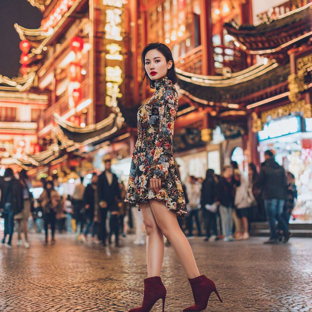 帮我生成女鞋的商业图片 场景在喧闹的都市 人流量大 聚焦点在模特和鞋子上 --ar 1:1 --v 7 --stylize 100 --fast --no 水印
