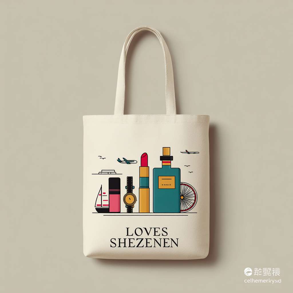 A graphic design layout for a tote bag, fdront and back view displayed flat.
Front: A modern vector-style illustration group featuring 2 colorful cosmetics (lipstick, serum), 1 elegant liquor bottle, and 1 minimalist watch. Integrated with simple line icons of an airplane, a ship, and a ferris wheel. The text "LOVES SHENZHEN" is prominently placed in a modern sans-serif font.
Back: Only the "cdf会员购" logo is positioned simply in the bottom right corner.
The bag color is off-white (beige). The design should look clean, professional, and ready for print. --ar 1:1 --v 7 --stylize 100 --fast --no 水印