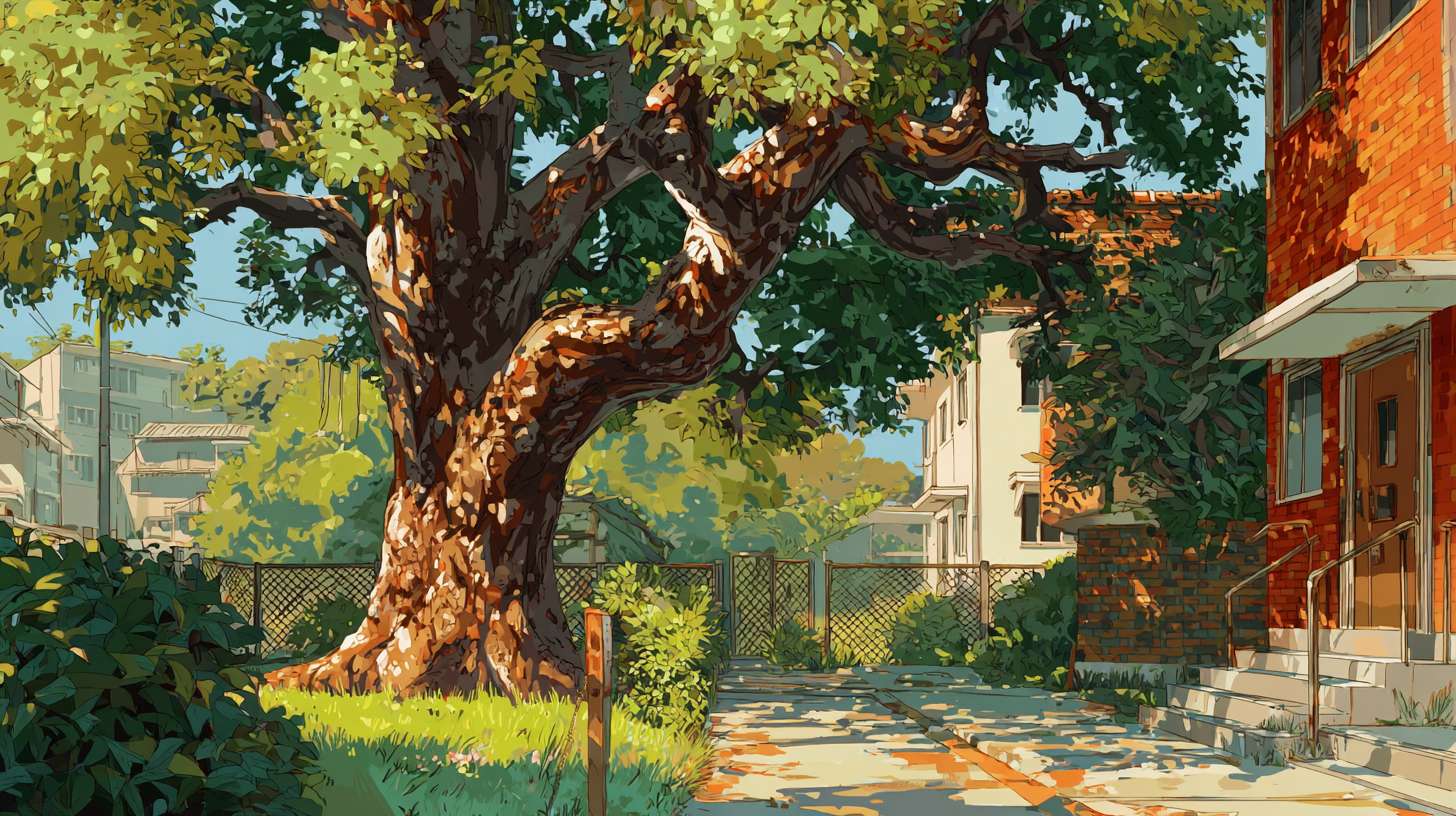 小区内的绿荫，有颗大树动画风格 --ar 16:9 --v 7 --stylize 100 --fast --no 水印