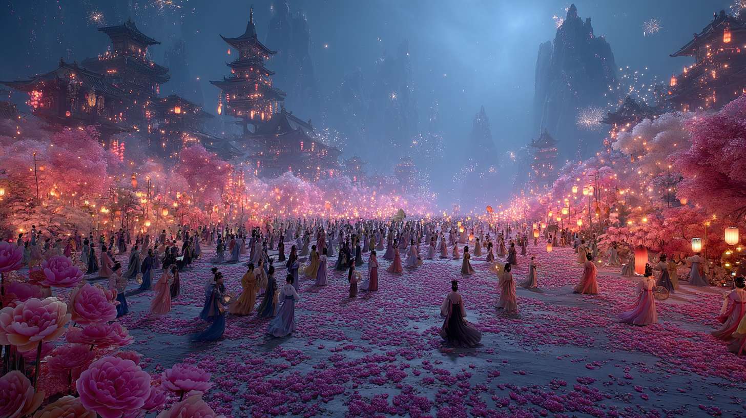 Unreal Engine 5 rendering, in this awe-inspiring scene of the ancient Luoyang Flower Festival, the composition centers on a vast sea of blooming peonies, surrounded by ancient-style pavilions, buildings, and winding corridors adorned with countless red lanterns, while the night sky is continuously lit up by colorful fireworks, the foreground features a celebrating crowd dressed in elegant Hanfu singing and dancing, the middle ground includes traditional Chinese architecture such as eaves-cornered pavilions, and the background blends deep blue starry skies with brilliant fireworks, in terms of color, vibrant reds, golds, and greens dominate, symbolizing luck and wealth, with the pink and white of the flowers sharply contrasting with the warm yellow of the lanterns, and the multicolored lights of the fireworks adding dynamic color variations, the lighting effects are exquisitely detailed, the soft glow from the lanterns casts warm shadows on people's faces and the ground, while the explosive flashes of fireworks create dazzling halos, contrasting with the cool moonlight to enhance the image's depth and dynamism, the entire scene is bustling and lively, with lanterns swaying gloriously, fireworks sparkling brilliantly, and the crowd cheering incessantly, as if transporting the viewer into a dreamlike ancient prosperous era filled with the charm of Chinese elements. --ar 16:9 --v 7 --c 20 --quality 4 --stylize 100 --fast