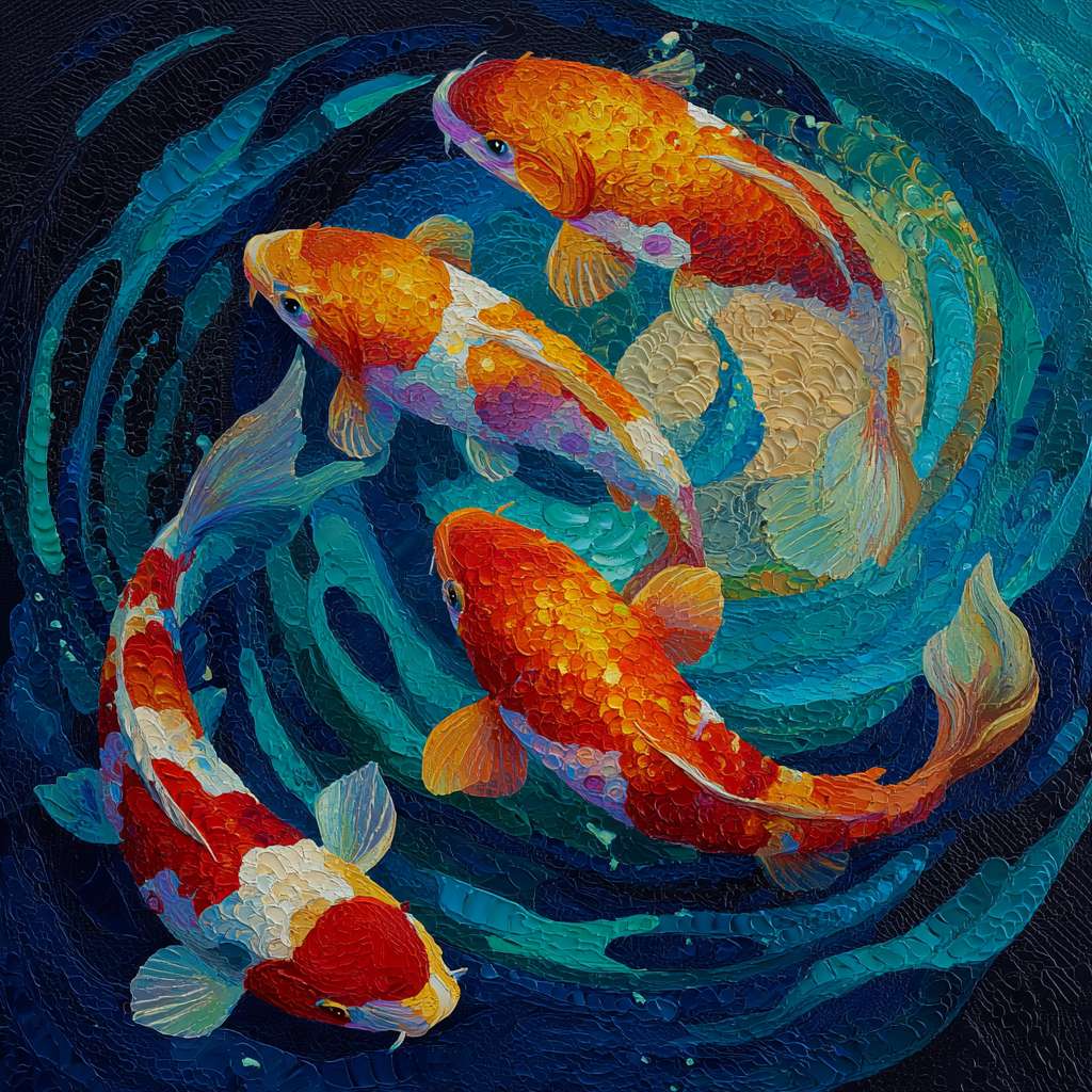 Surreal blue-hued aquarium: swirling water in cobalt and indigo, vibrant koi shimmering with rainbow hues, bold strokes for ripples and fish scales, energetic abstract. --ar 1:1 --v 7 --stylize 100 --fast