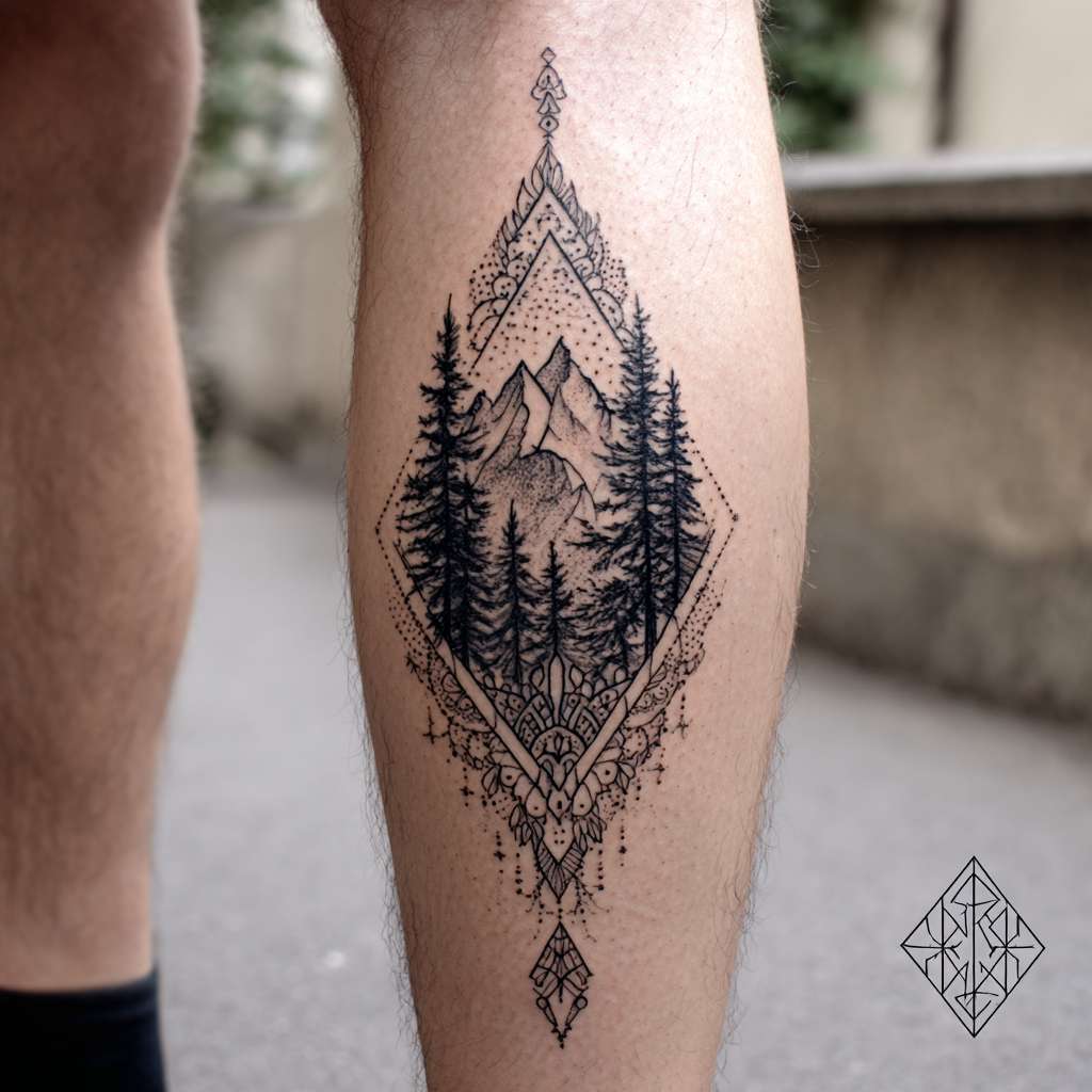 mountain mandala tattoo, calve tattoo, nature-inspired, sacred geometry, dotwork and fine lines, black and grey, symmetrical forest design, spiritual --ar 1:1 --v 7 --stylize 100 --fast