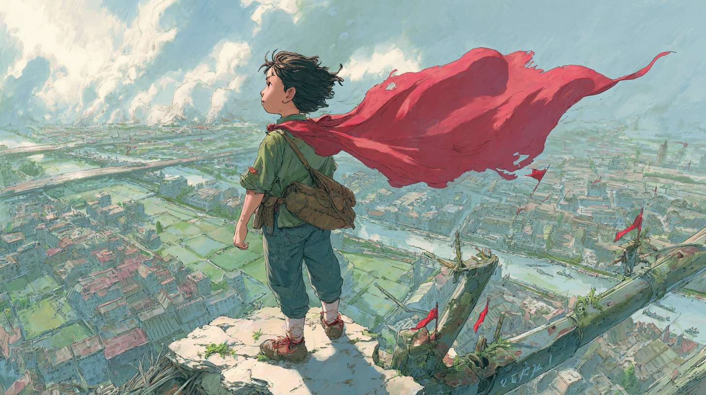 新国漫，漫画，画质细腻，大全景，仰拍，抗日战争时期的中国少年站在山峰之巅，少年表情坚定，必胜决心，俯瞰中国战乱河山和城市，背后红丝巾随风飘扬 --ar 16:9 --v 7 --stylize 100 --fast --no 水印