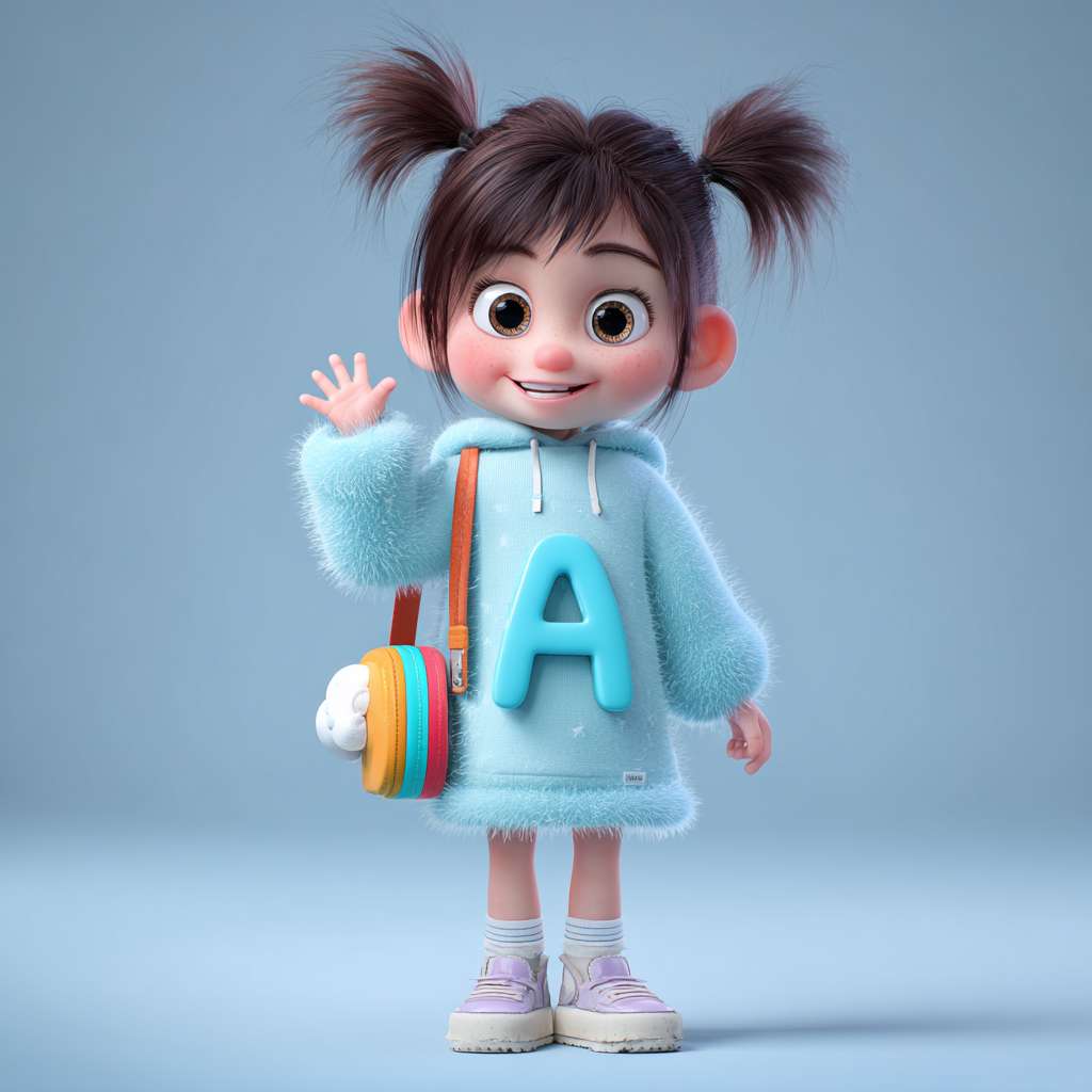 超精细3D渲染,Cinema 4D, Octane Render, 极致可爱灵动的小女孩IP形象,3-5岁, 圆润大头娃娃比例(2.8头身), 闪亮星星大眼睛, 蓬松柔软的棕色低双马尾, 苹果肌红晕, 温暖纯真微笑, 穿着淡蓝色连帽卫衣裙,蓬松裙摆,白色袖口领口滚边, 彩色小短靴, 背着迷你云朵造型双肩包, 发卡是闪亮的字母"A"形状, 小女孩走在回家的路上打招呼,整体马卡龙柔和色调, PBR材质: 细腻皮肤次表面散射,柔软棉布质感,光泽头发丝, 梦幻通透光影, 柔焦背景渐变, 极简抽象场景, 头上方留白再多一些,英语启蒙教育主题, 超高清细节, 8K分辨率 --ar 1:1 --v 7 --style raw --stylize 100 --fast --no realistic,photo,human proportions,scary,complex background,水印