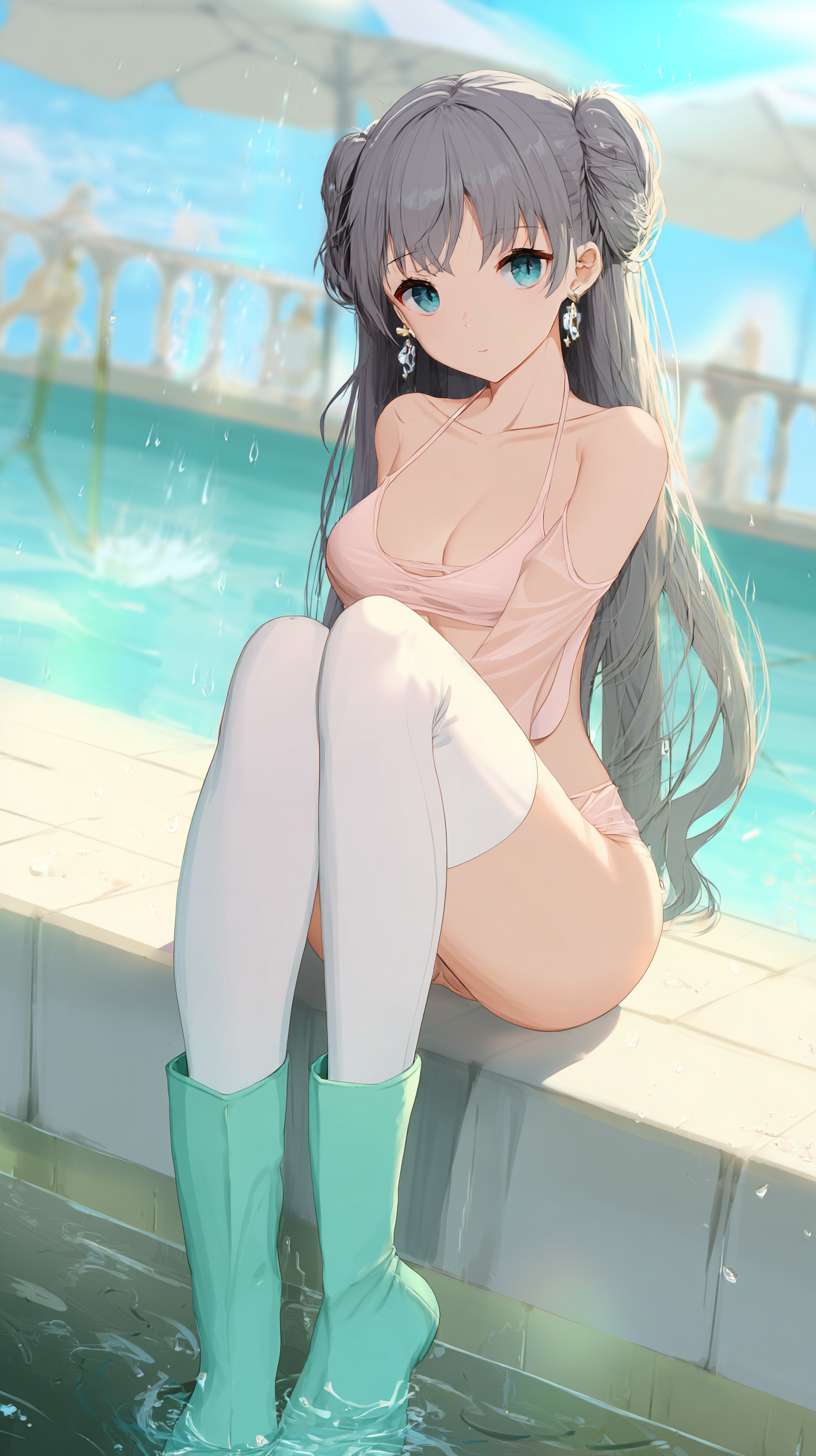真人长发美少女，蓝色瞳孔，在泳池边穿着粉色比基尼，纤腰长腿，腿上穿着过膝的白色长袜，脚上穿浅绿色长靴，银色耳坠 --ar 9:16 --v 7 --stylize 100 --fast --no 水印