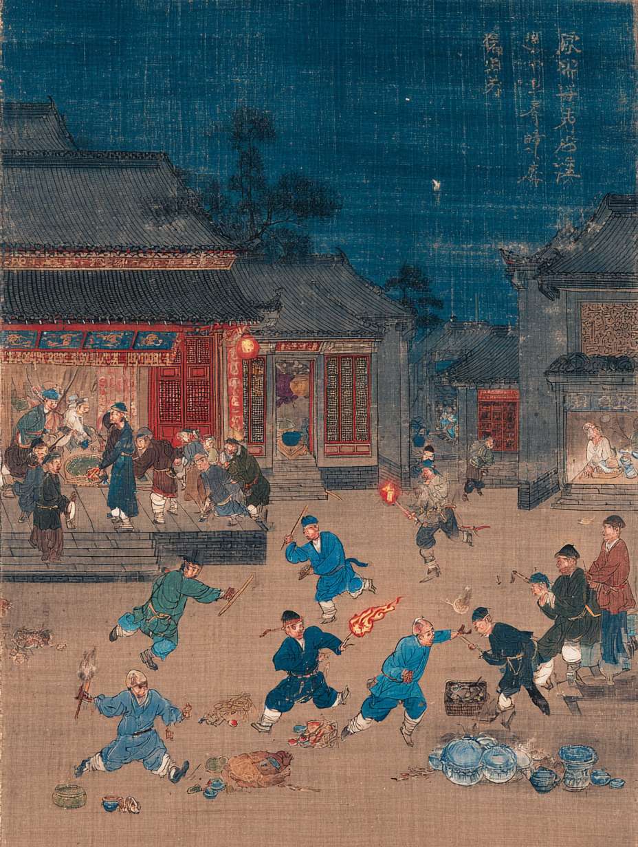 宋代风格江洋大盗夜袭商铺场景，蒙面盗贼手持火把，瓷器店、首饰店和绸缎庄的掌柜惊慌失措，古代中国街道夜景，水墨画风格，深蓝色调 --ar 3:4 --v 7 --stylize 100 --fast --no 水印