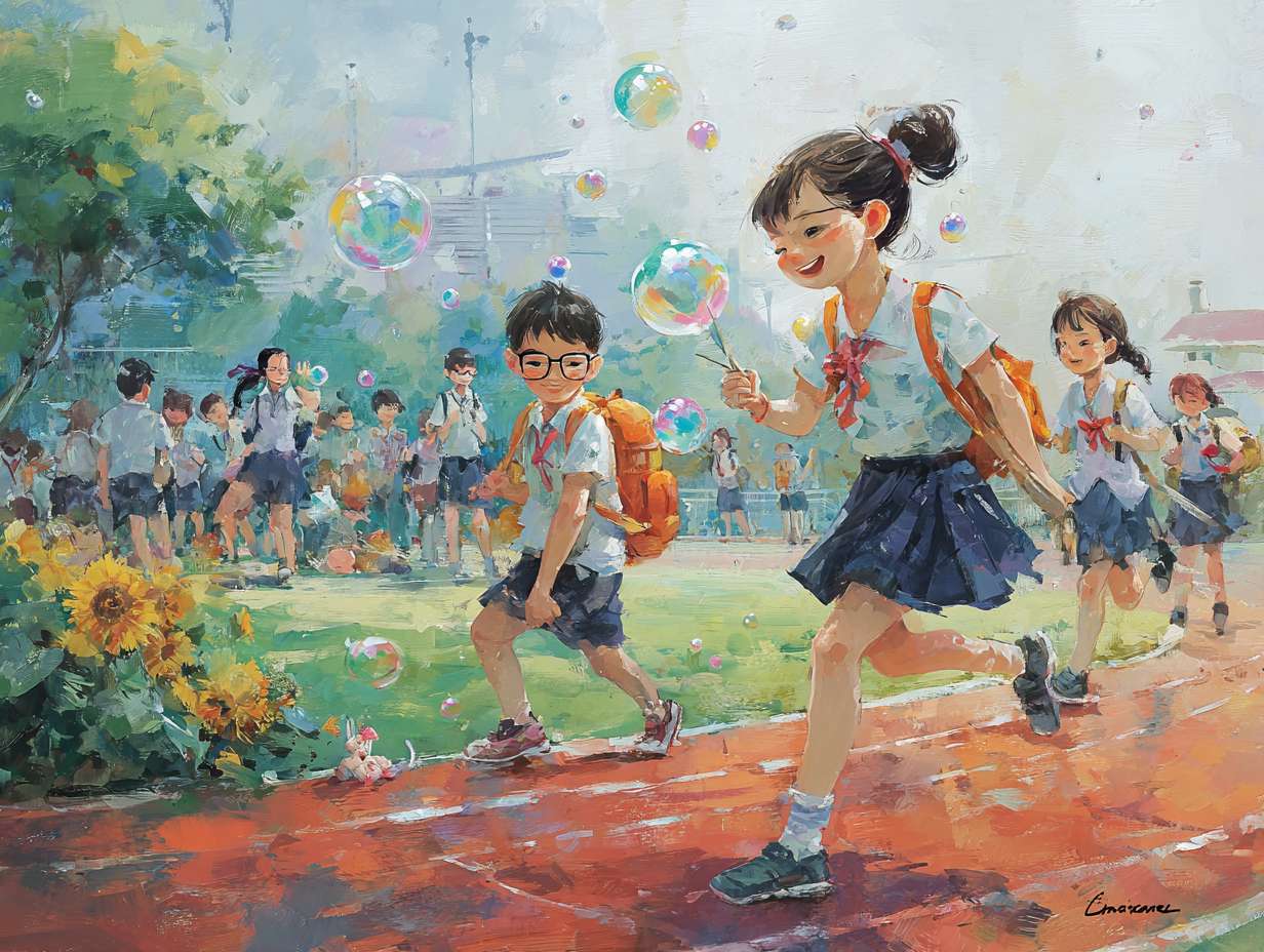 场景:晨雾初散的校园操场,阳光透过香樟树间隙洒在红色跑道上,形成斑驳光斑。
人物:扎着高马尾的女生正在跳绳,发梢扬起细碎金芒;戴眼镜的男生单膝跪地,指尖轻触跑道上爬行的蚂蚁,嘴角带笑;远处一群学生围成圈,将课本顶在头上玩平衡游戏,校服裙摆和衣角在风里轻轻扬起。
象征元素:跑道边绽放的向日葵(花盘转向阳光)、空中飘着的彩色泡泡(折射七彩光晕)、树梢栖息的麻雀(扭头望向喧闹的人群)。
色彩与光影:主色调为暖橙色(朝阳)+ 清新绿(草坪),阴影处用淡金色勾边,人物皮肤泛着健康的红晕,体现“如阳光般蓬勃”的生命力。
意境关键词:动态的活力(肢体语言)、对世界的好奇(微观观察)、集体游戏的纯粹快乐。
画风要求写实运动 --ar 4:3 --v 7 --stylize 100 --fast --no 水印