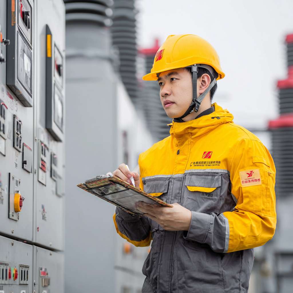 把“我的变电运行职业发展之路”删掉，替换成变电运行工程师，字体样式和“守护电网中枢，点亮万家灯火”一致，再加入“水电站与电力网技术专业”，字体样式与整体协调。 --ar 1:1 --v 7 --stylize 100 --fast --no 水印