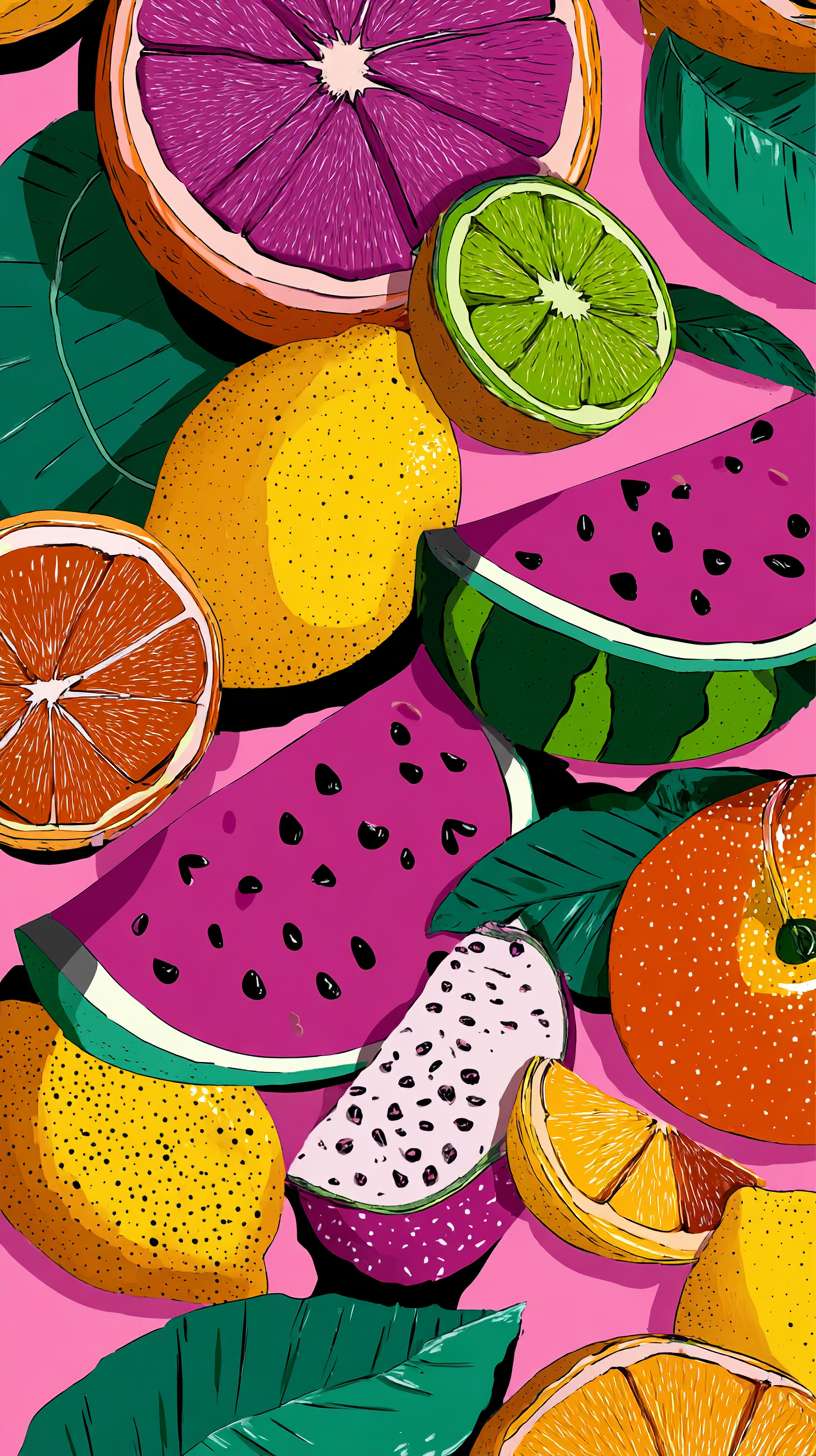 colorful fruit illustration for drink packaging --ar 9:16 --v 7 --stylize 100 --fast