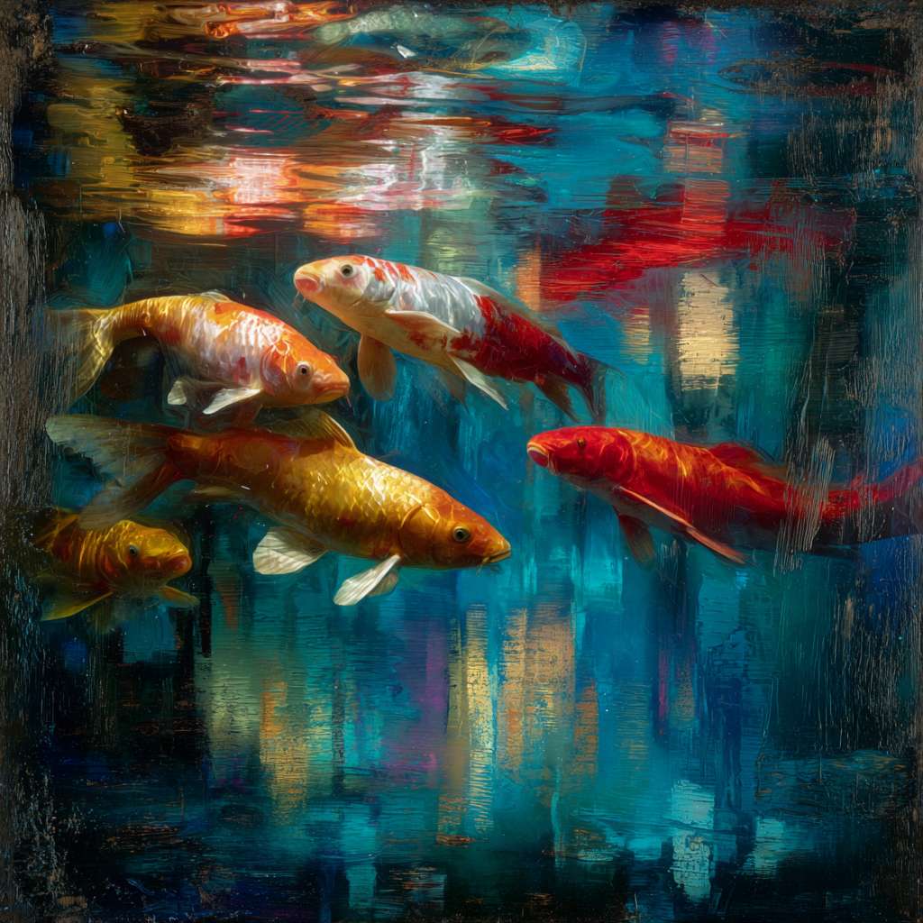 Surreal blue aquarium with colorful light ripples, koi fish shimmering in red and gold, bold brushstrokes for texture and movement, abstract. --ar 1:1 --v 7 --stylize 100 --fast