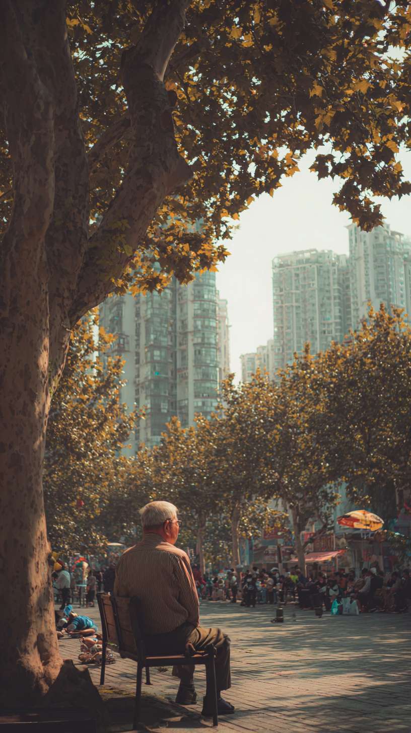 市民在树下休憩 --ar 9:16 --v 7 --stylize 100 --fast --no 水印