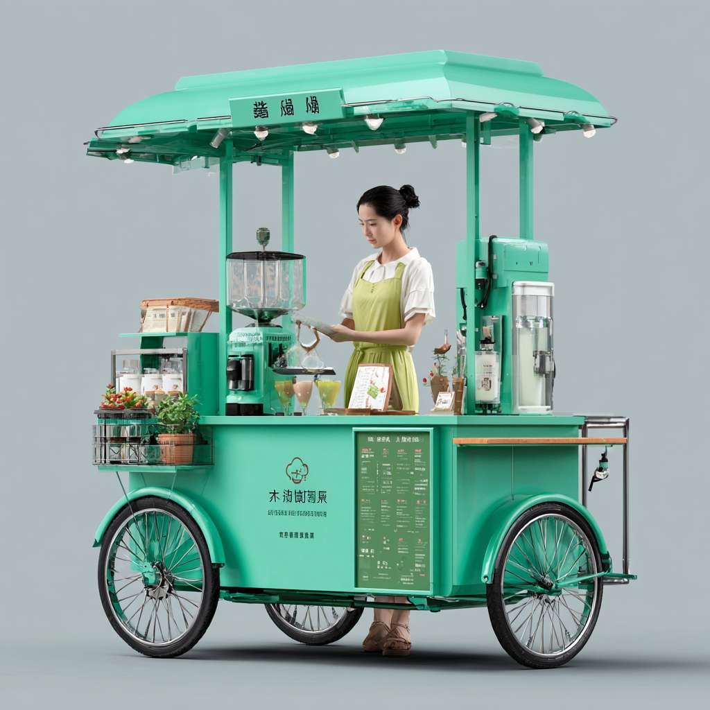 一个真实奶茶摆摊三轮车，三轮车台面全都是不锈钢材质的，专门定制不锈钢的架子和灯光广告，并且三轮车上有奶茶的菜单广告，奶茶摆摊主是个漂亮发女生 --ar 1:1 --v 7 --stylize 100 --fast --no 水印