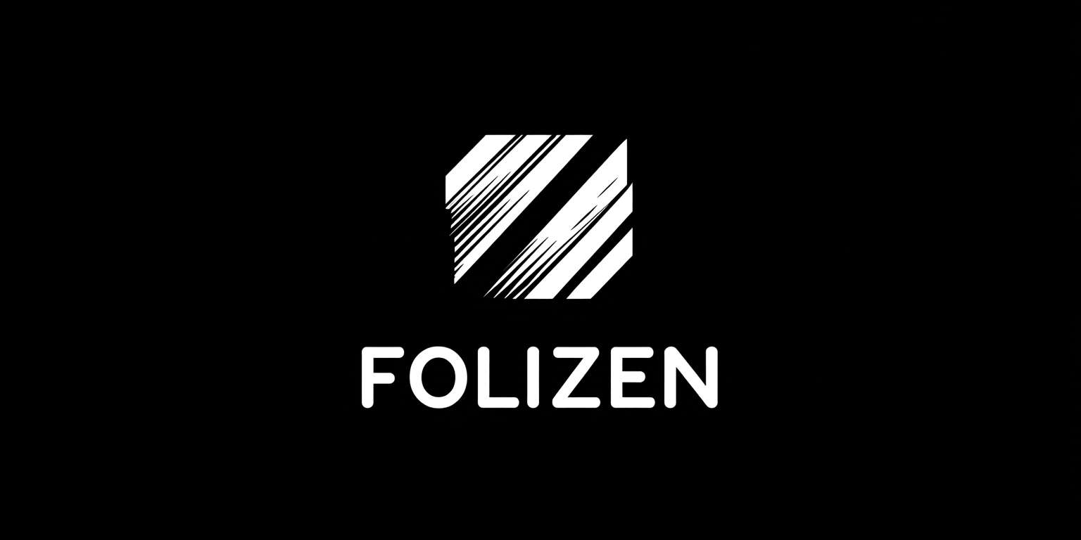 Monochrome logo "FOLIZEN" using negative space: Letter "Z" formed by intersecting strokes creating zen garden raking pattern, Adobe Clean font, tagline micro-sized (6pt) with 0.8 opacity below right aligned, pure black/white --ar 2:1 --v 7 --stylize 100 --fast --no colors