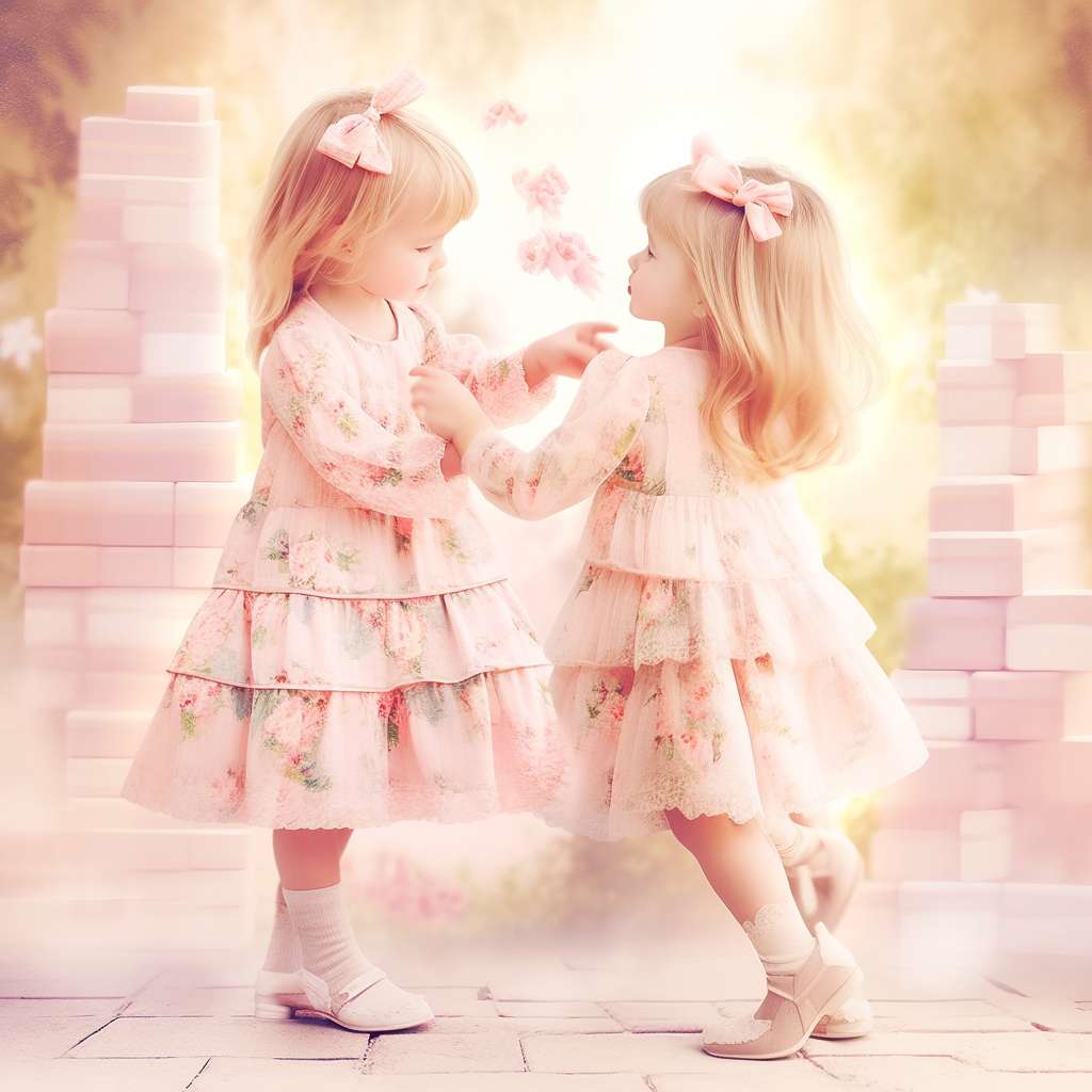 A 3-year-old girl in a floral dress teaching her 1-year-old sister to build a castle with blocks, soft pastel colors, warm family atmosphere, detailed facial expressions --ar 1:1 --style cute --stylize 100 --fast --niji 5