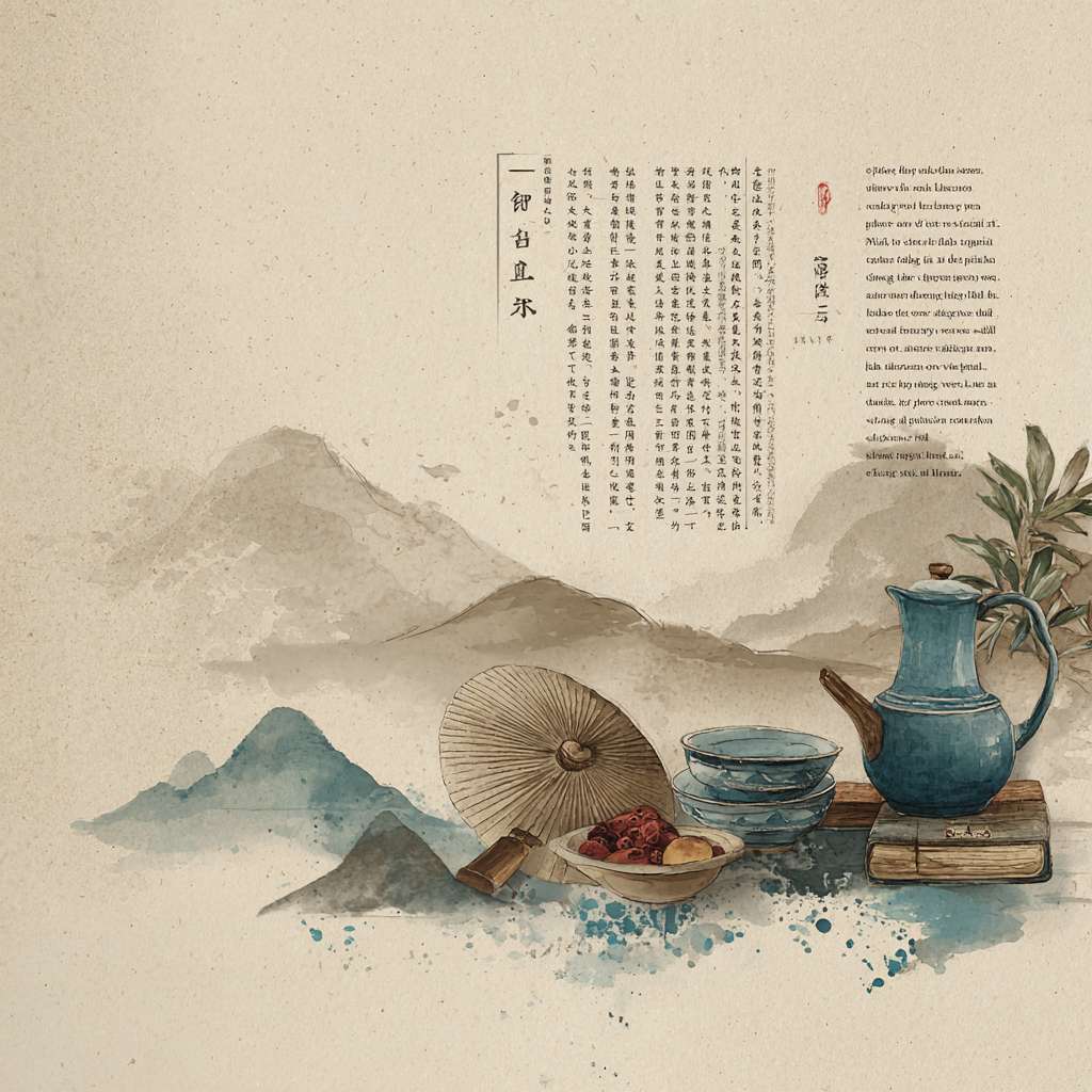 "Horizontal layout, left side: faded ancient Chinese book pages, right side: vertical '养心' in seal script, below it a teapot, Tai Chi fan, and blue-white porcelain bowl, soft beige and cyan colors, light ink-wash mountains at bottom, traditional Chinese style, 1200x600 pixels" --ar 1:1 --v 7 --stylize 100 --fast --no 水印