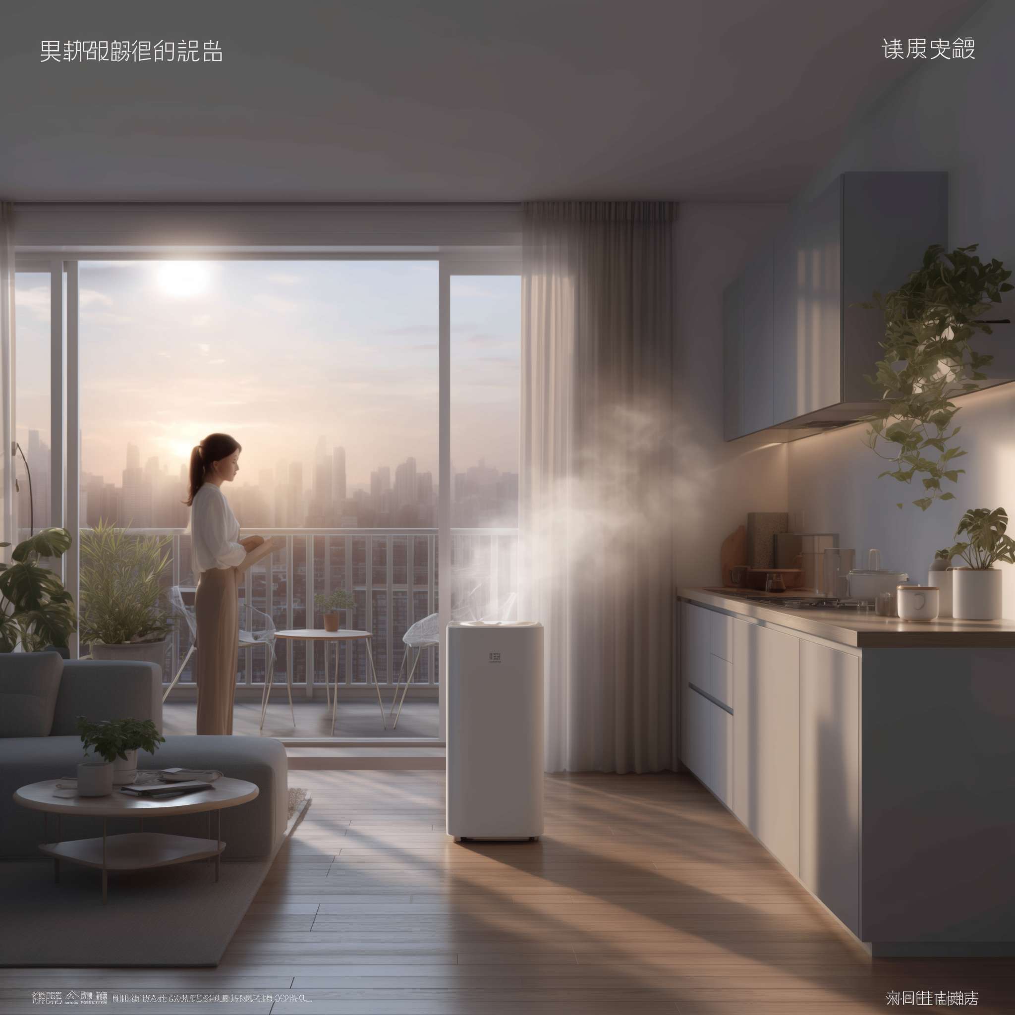 一个16:9比例的90秒视频，现代家居宁静氛围，偏动漫风格。场景1：清晨阳光照进简约客厅，白色墙壁、木地板、灰色沙发、绿色植物，左侧空气净化器发光。场景2：厨房阳光穿过百叶窗，女子泡茶，蒸汽升起。场景3：阳台植物摇曳，城市天际线背景。场景4：客厅家庭互动，空气净化器CG动画展示过滤效果。场景5：卧室窗帘轻动，白色床单。结尾：阳台夕阳，字幕“纯净呼吸，宁静生活”（中文）。轻柔钢琴音乐，鸟鸣风声。 --ar 1:1 --v 7 --stylize 100 --fast --no 水印