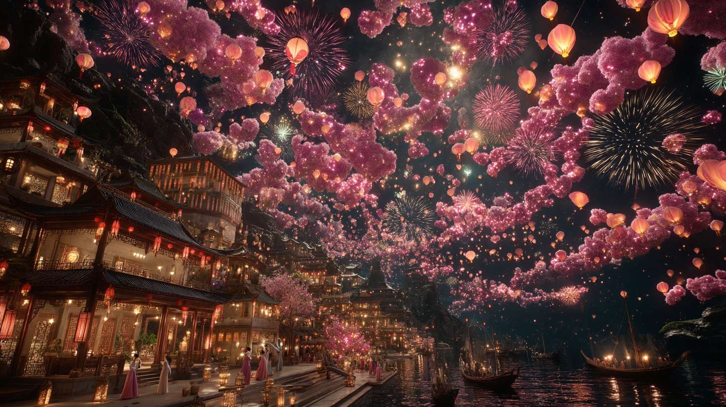 Unreal Engine 5 rendering, in this awe-inspiring scene of the ancient Luoyang Flower Festival, the composition centers on a vast sea of blooming peonies, surrounded by ancient-style pavilions, buildings, and winding corridors adorned with countless red lanterns, while the night sky is continuously lit up by colorful fireworks, the foreground features a celebrating crowd dressed in elegant Hanfu singing and dancing, the middle ground includes traditional Chinese architecture such as eaves-cornered pavilions, and the background blends deep blue starry skies with brilliant fireworks, in terms of color, vibrant reds, golds, and greens dominate, symbolizing luck and wealth, with the pink and white of the flowers sharply contrasting with the warm yellow of the lanterns, and the multicolored lights of the fireworks adding dynamic color variations, the lighting effects are exquisitely detailed, the soft glow from the lanterns casts warm shadows on people's faces and the ground, while the explosive flashes of fireworks create dazzling halos, contrasting with the cool moonlight to enhance the image's depth and dynamism, the entire scene is bustling and lively, with lanterns swaying gloriously, fireworks sparkling brilliantly, and the crowd cheering incessantly, as if transporting the viewer into a dreamlike ancient prosperous era filled with the charm of Chinese elements. --ar 16:9 --v 7 --c 20 --quality 4 --stylize 100 --fast