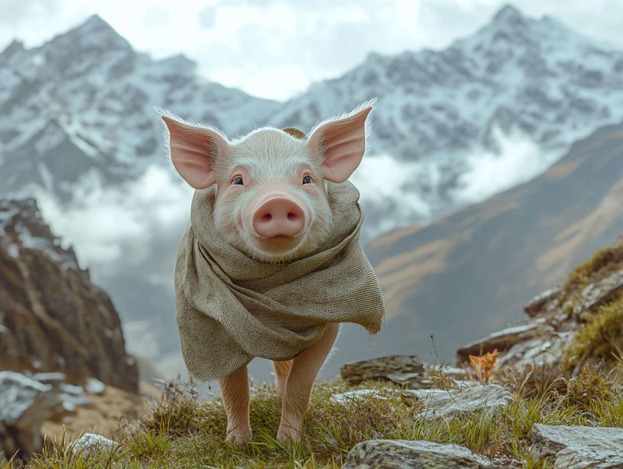 Photorealistic cinematic image，A pale pink pig on the grass next to the mountaintop, facing away from the camera,it also it's a scarf around it head, which is partially covering it face, giving her a mysterious look.Overall, these images convey a sense of desolation and grandeur, possibly telling a story about adventure, and emotional expressions all suggest that this may be a work with a strong narrative and visual impact,with a rocky mountain range behind it, and fog connecting the mountain range, full of warm colors and ultra high definition real materials，Ultra wide view shot， highly detailed photo. --ar 4:3 --v 6.1 --style raw --stylize 100 --fast