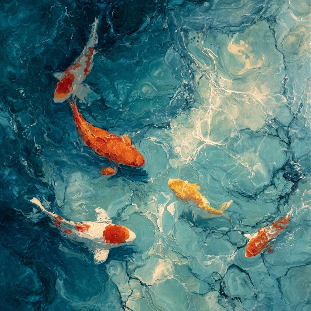 Dreamlike blue water with fractured light and agile koi, expressive brushwork capturing water’s flow and fish’s vitality, oil. --ar 1:1 --v 7 --stylize 100 --fast