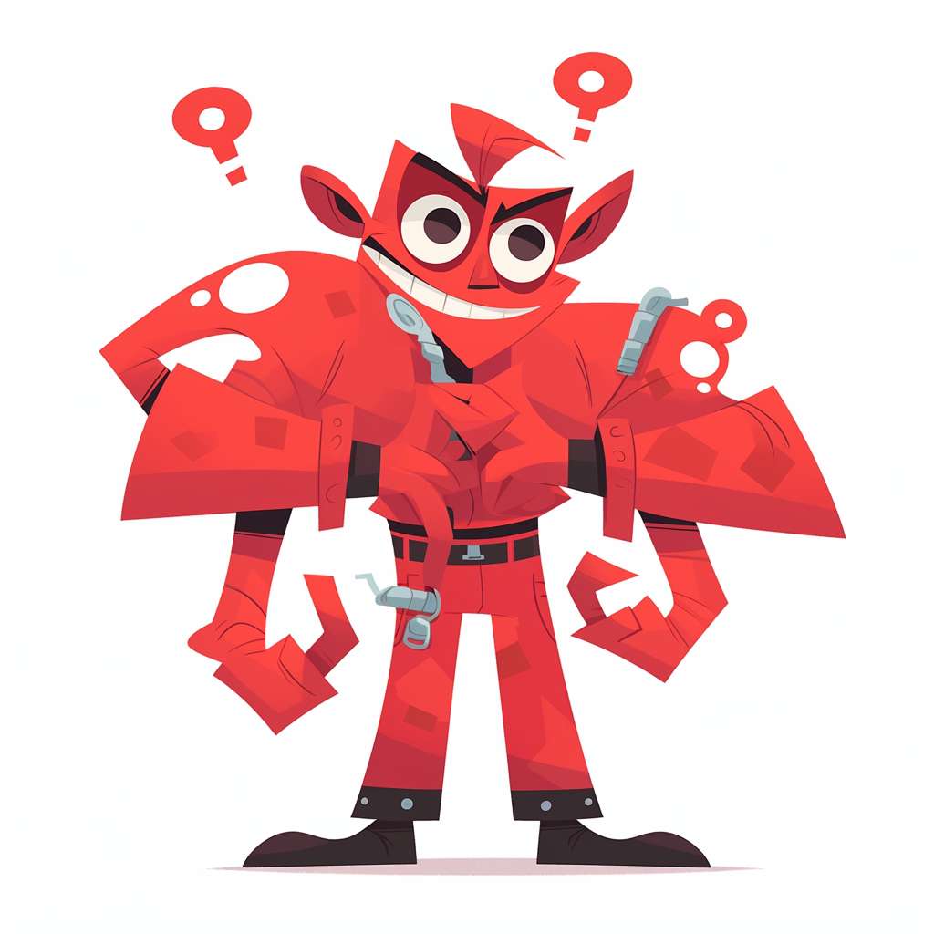 [隐患君]：cartoon red gremlin with smoking question marks, industrial overalls, 2D flat design, Pixar style, white background --ar 1:1 --style expressive --stylize 100 --fast --niji 5
